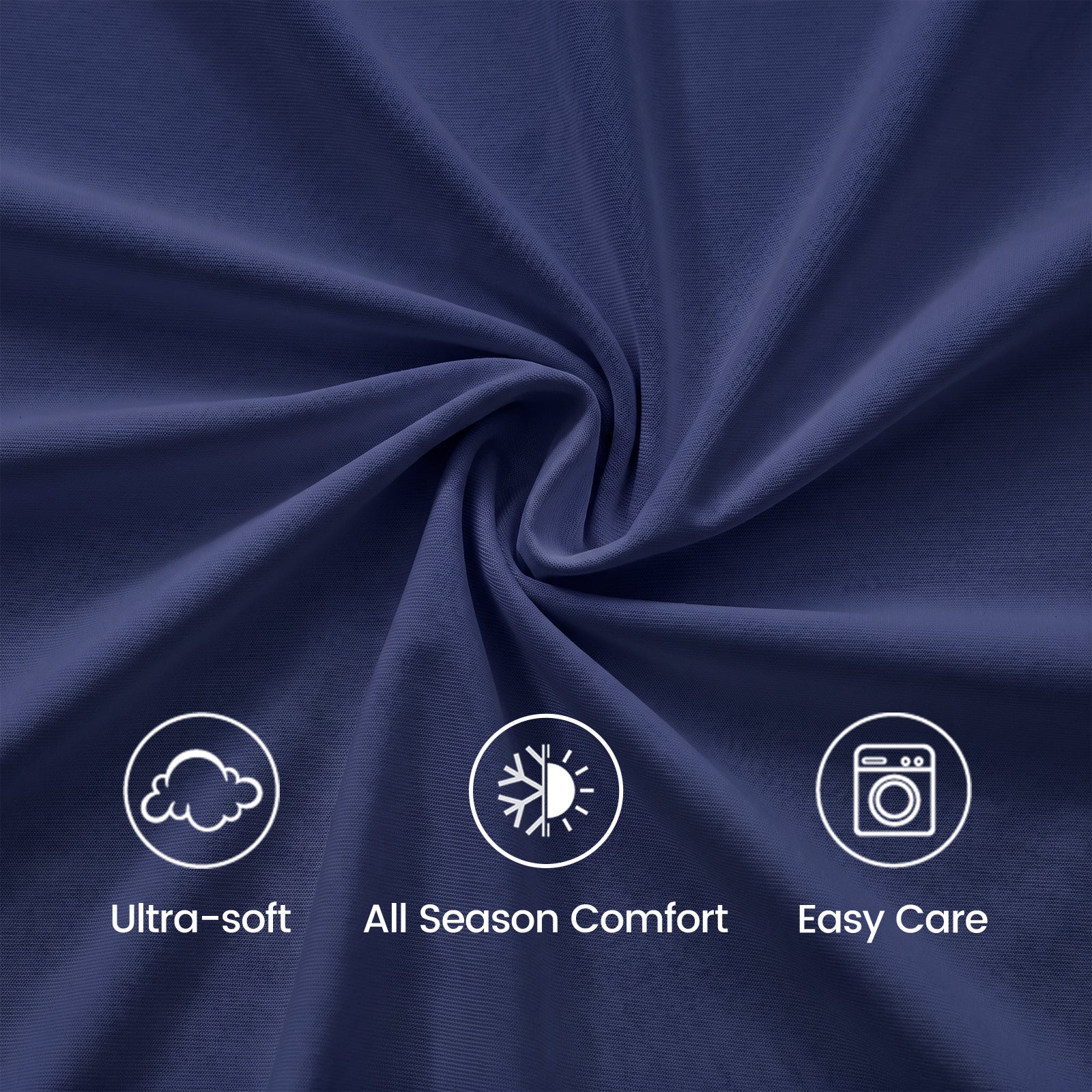 Close up of dark blue fabric with icons and text indicating ultra-soft, all-season comfort, and easy care.#color_Navy Blue