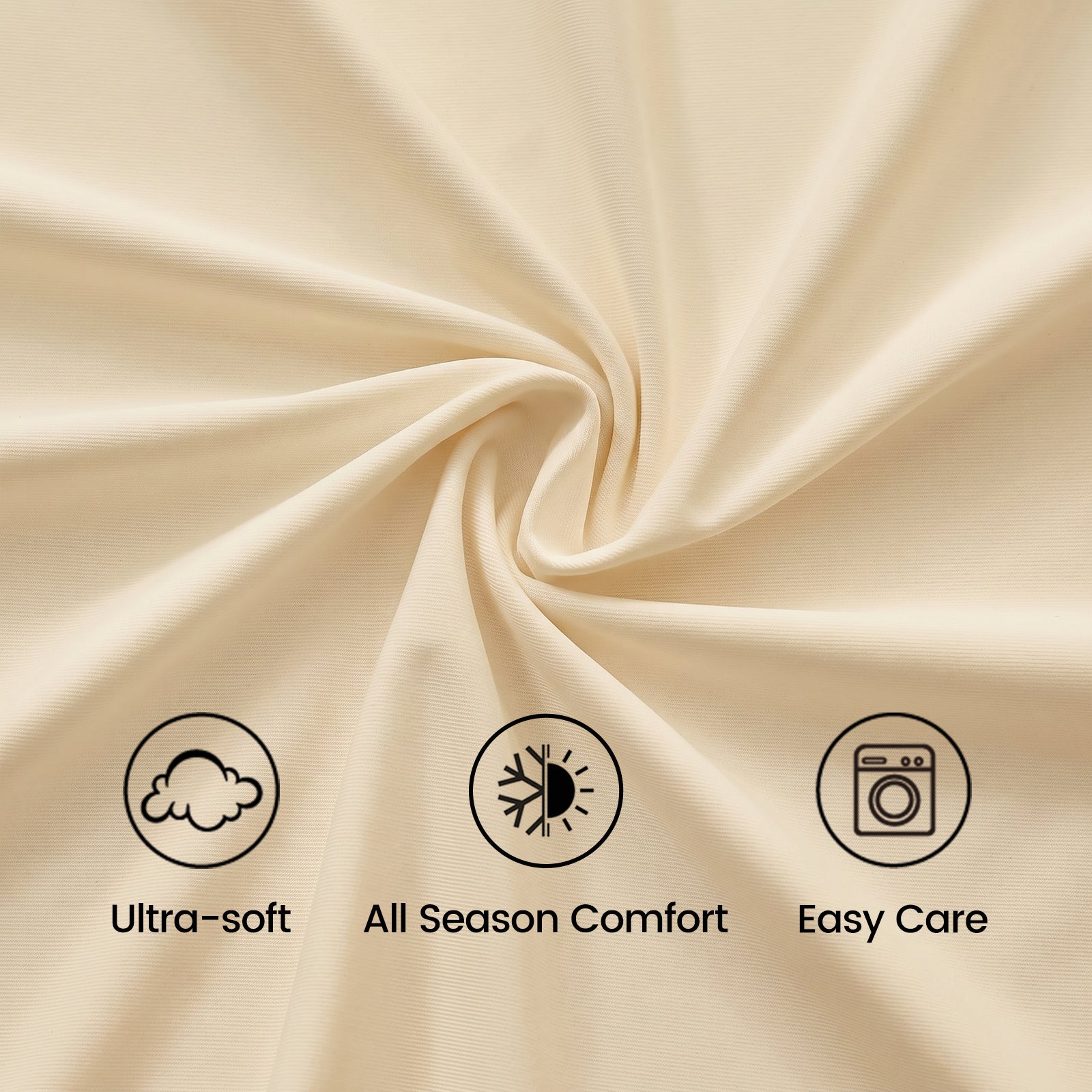 Close up of khaki fabric with icons and text indicating ultra-soft, all-season comfort, and easy care.#color_Khaki