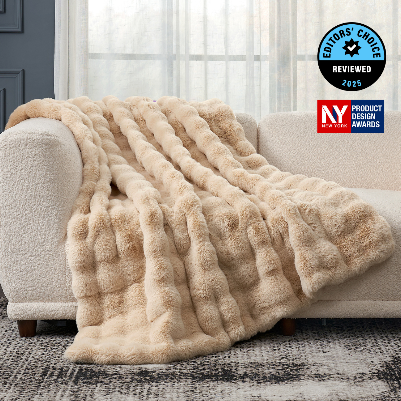 Cozy Bliss Luxurious Bubble Faux Fur Throw Blanket in beige front view #color_Beige