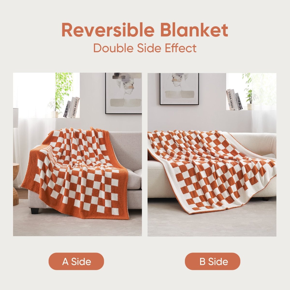 Reversible Checkered Feather Yarn Knit Throw Blanket in Burnt Orange featuring dual-sided design for versatile use. #Color_Burnt Orange