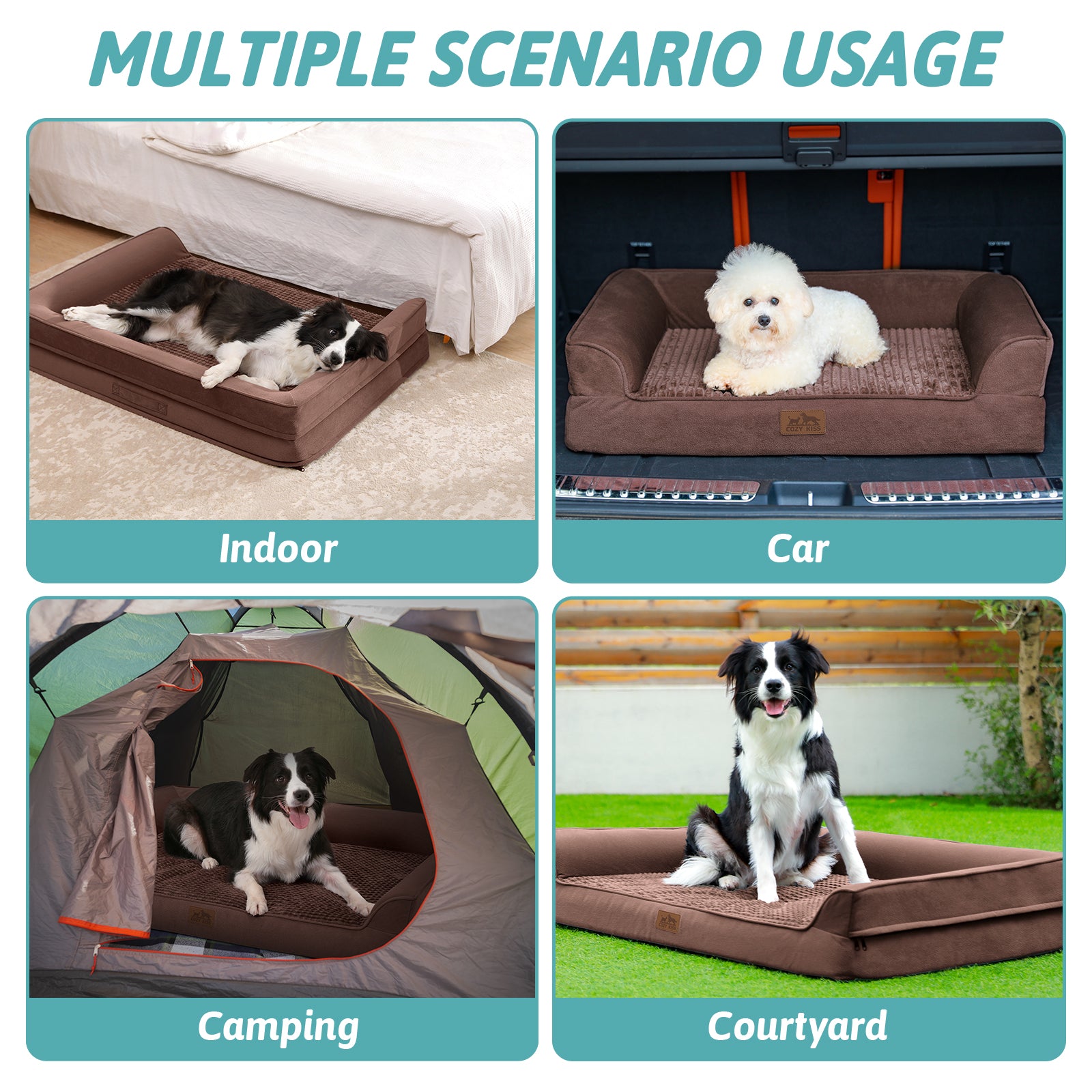 Dog bed used in various scenarios including indoor, car, camping, and courtyard. #Color_Brown
