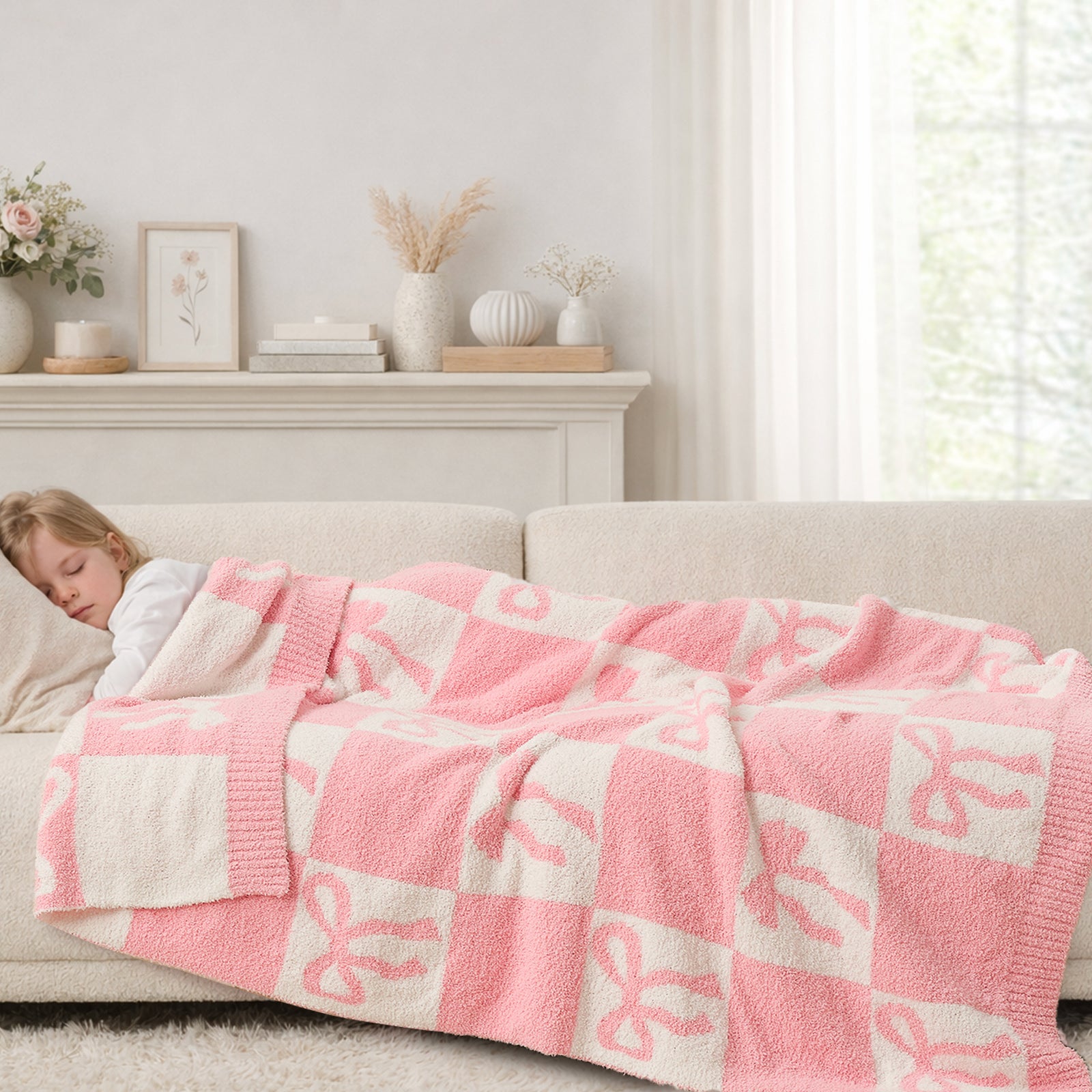 Reversible Checkered Bow Feather Yarn Throw Blanket