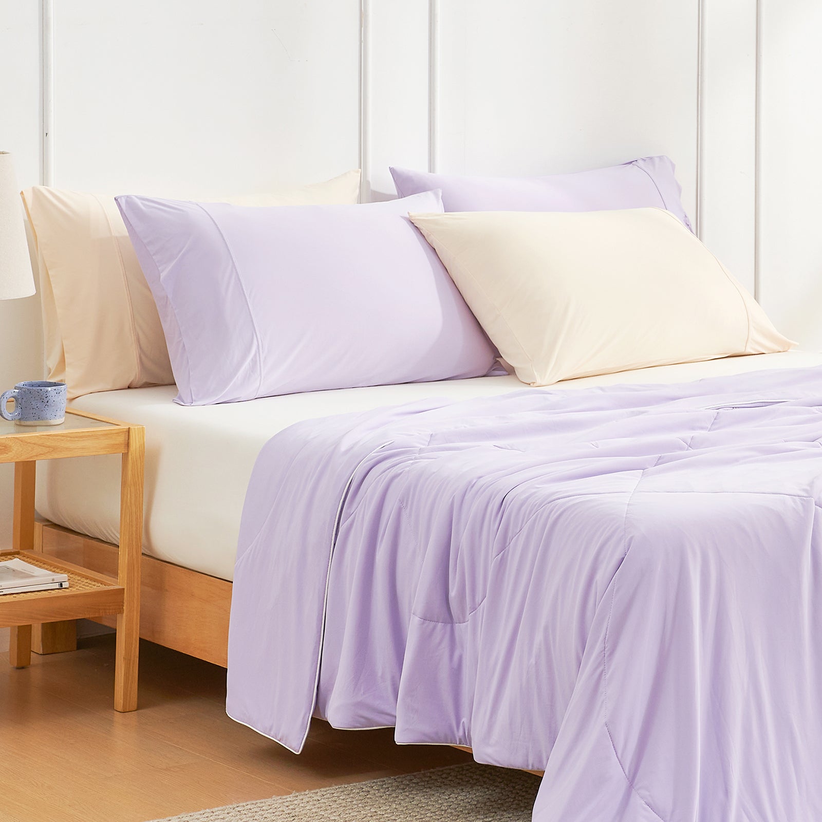 Lavender cooling pillowcases and comforter set, promoting cozy sleep with breathable and soft bedding #color_Purple