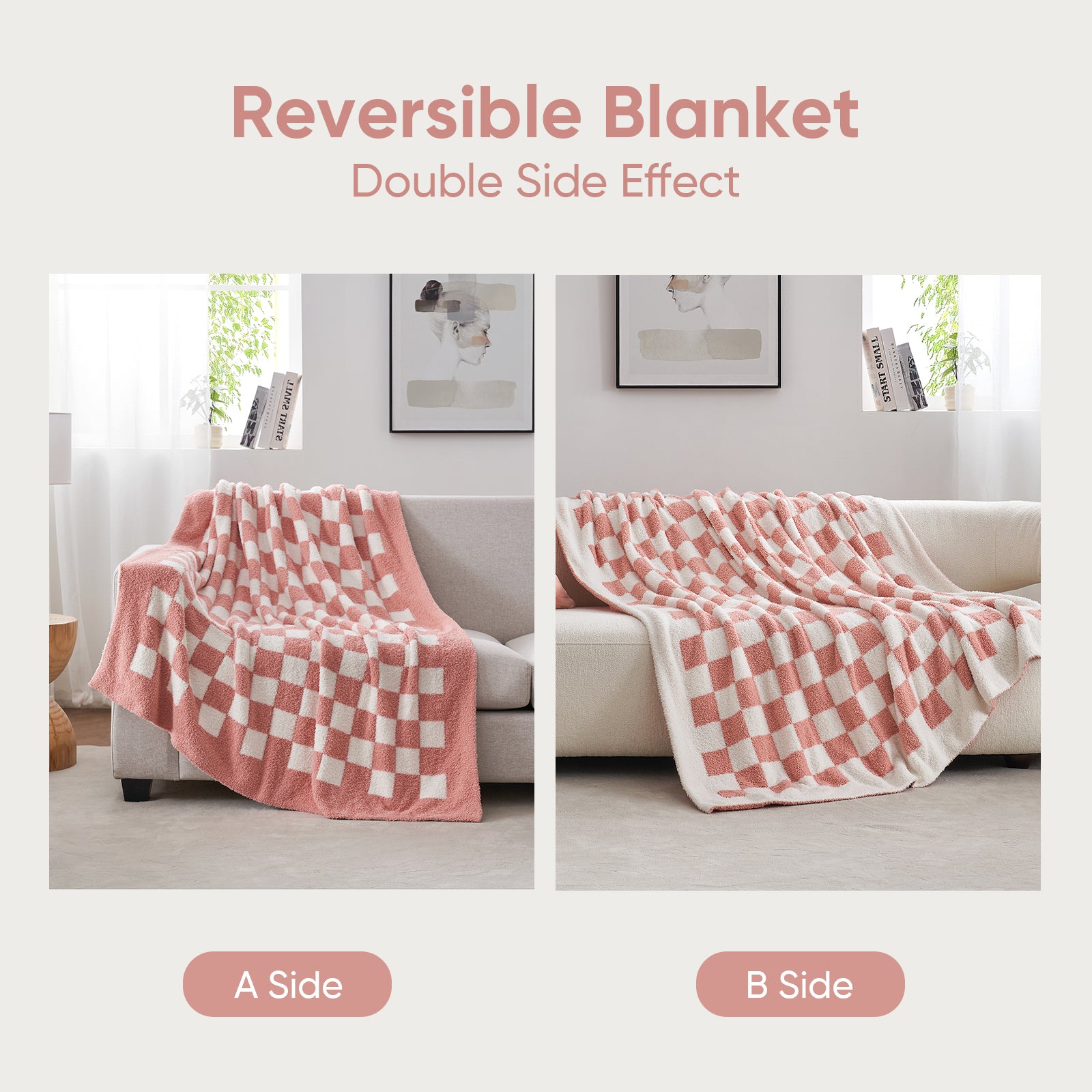 Reversible Checkered Feather Yarn Knit Throw Blanket in Pink featuring double side design for versatile styling. #color_Pink White