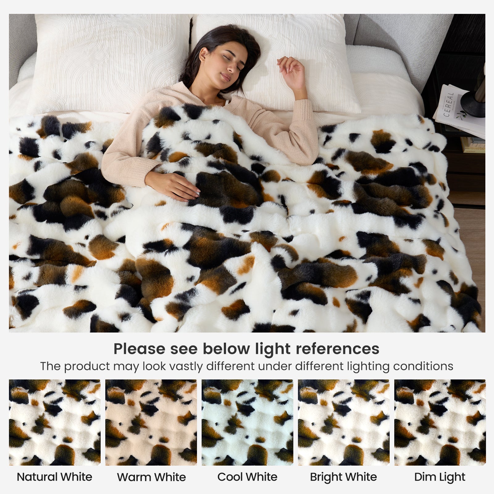 Woman lying on a bed under a cow patterned blanket with light reference options displayed. #Color_Cow