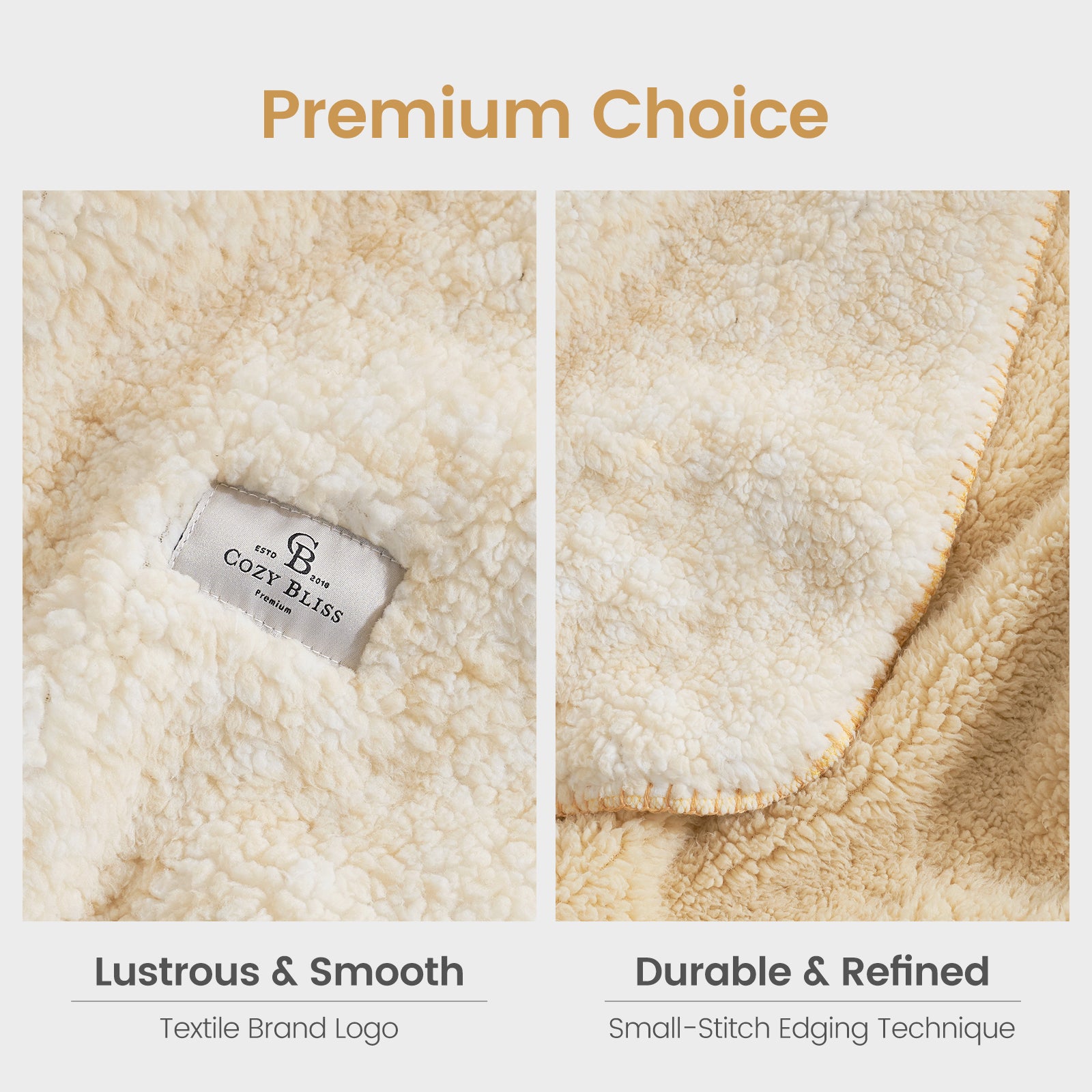 Cozy Bliss sherpa blanket close-up, showing soft, lustrous texture and durable small-stitch edging. #color_ Mottled Beige