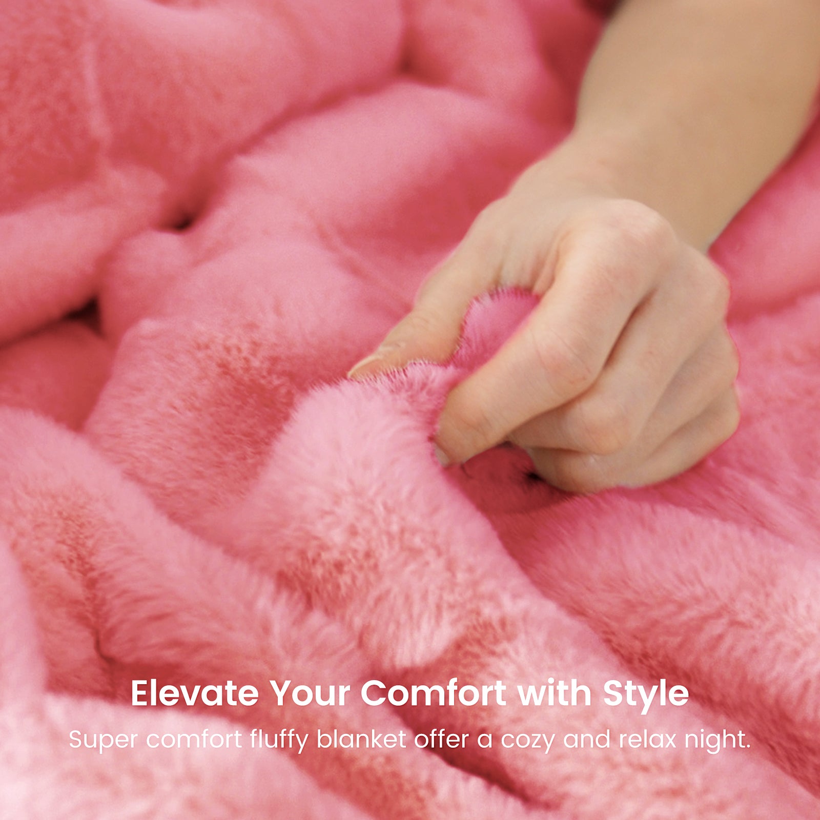 Pink fuzzy blanket being touched, cozy comfort. #color_Hot Pink