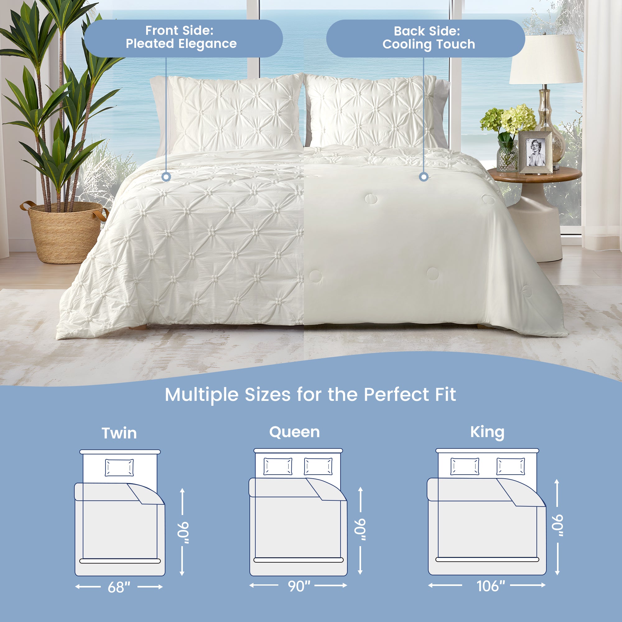 Cozy Bliss pintuck cooling comforter with pleated front and cooling touch back, shown on a bed with measurements for Twin, Queen, and King sizes. #Color_White