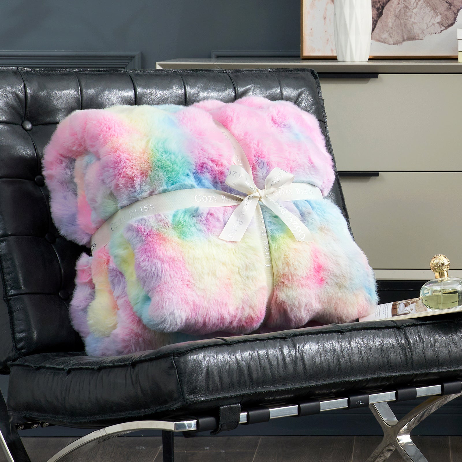 Cozy Bliss rainbow tie-dye faux fur throw blanket, soft and cozy blanket #color_Tie-dye Rainbow