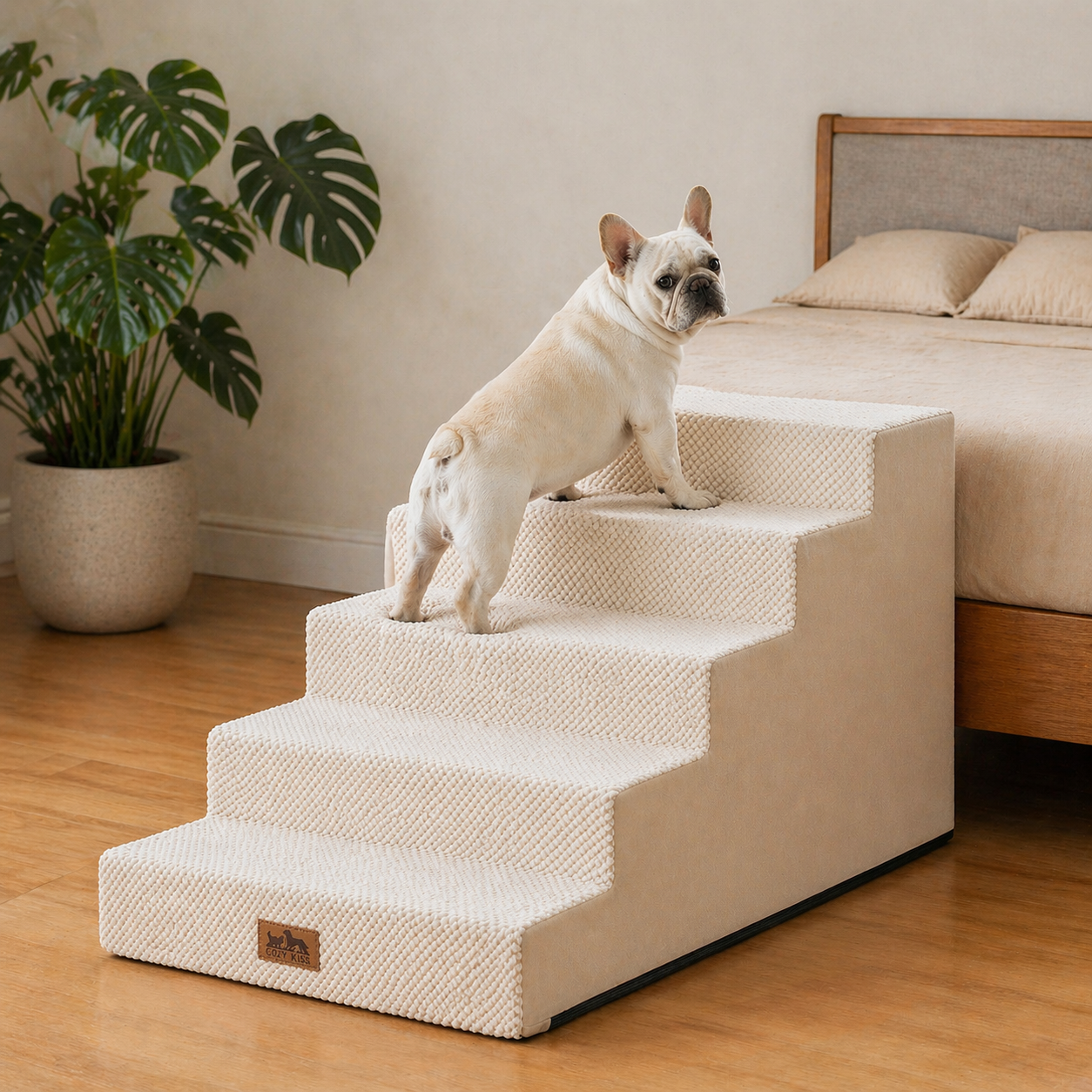 Cozy Bliss 5 Step Right-Angle Arthritis Prevention Foam Pet Stairs in Beige with a dog stepping on it by the bed. #color_Beige