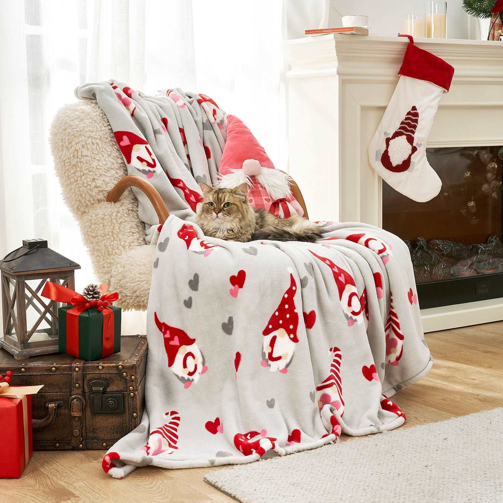 MilkyPlush gnome patterned blanket with a cat, perfect for a cozy living space. #color_ Gnome Love Heart