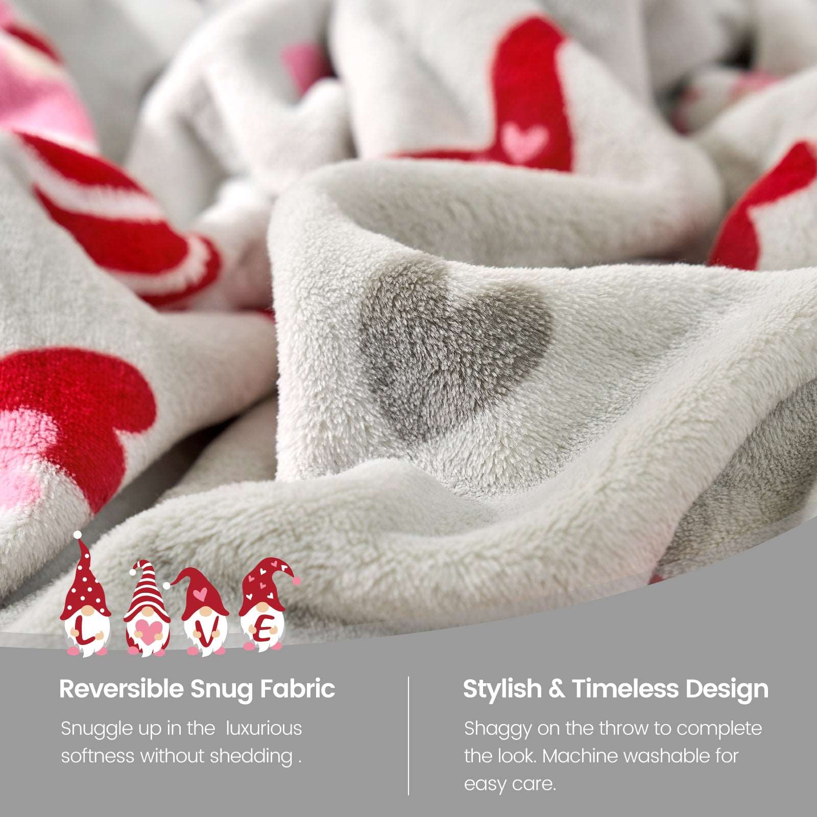 Cozy Gnome pattern throw blanket, reversible snug fabric, soft and breathable. #color_ Gnome Love Heart