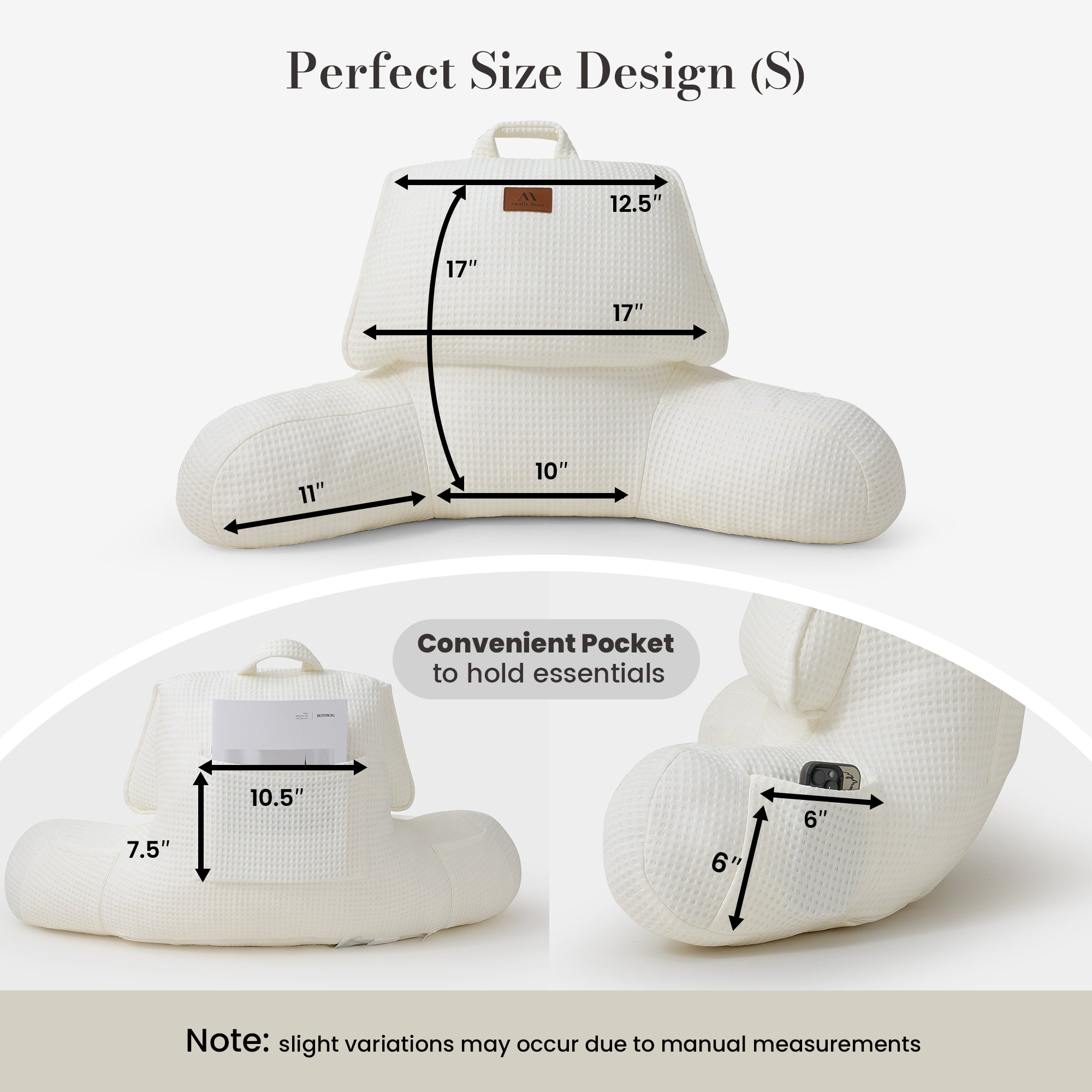 Small Size measurement of Cozy Bliss Ivory backrest reading pillow. #color_Ivory
