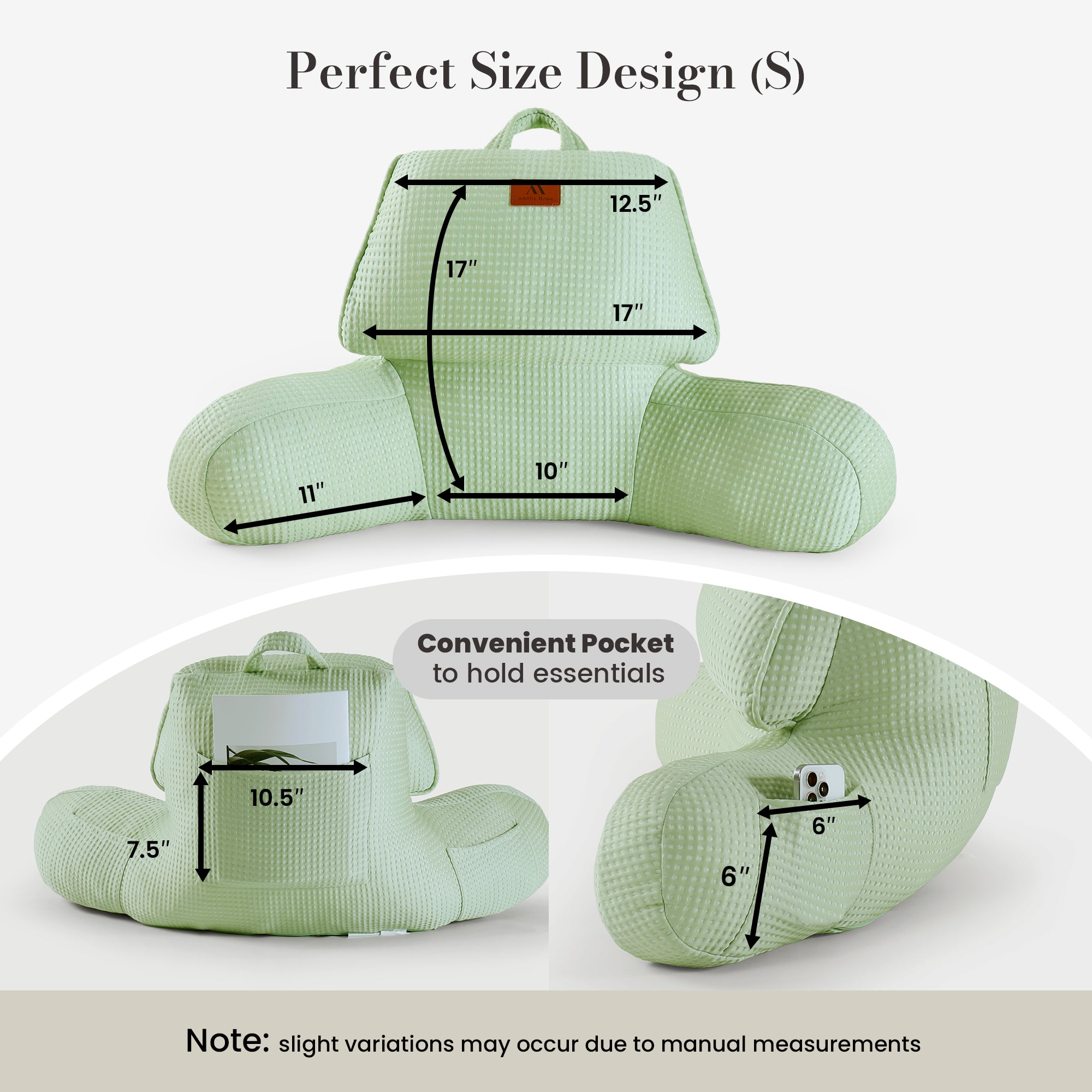 Small Size measurement of Cozy Bliss green backrest reading pillow. #color_Green