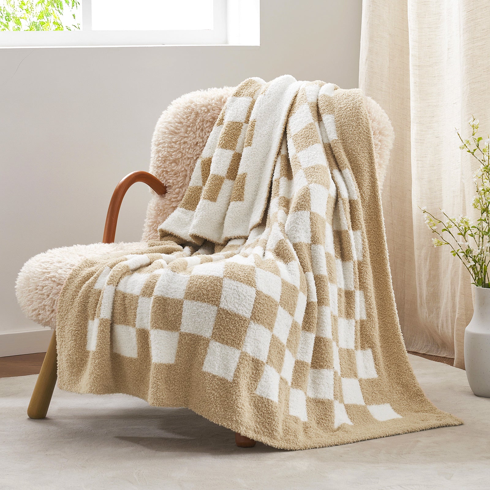 Checkered Feather Yarn Knit Throw Blanket in Beige & White front view draped over a chair, showcasing soft texture and classic pattern design. #color_Beige & White