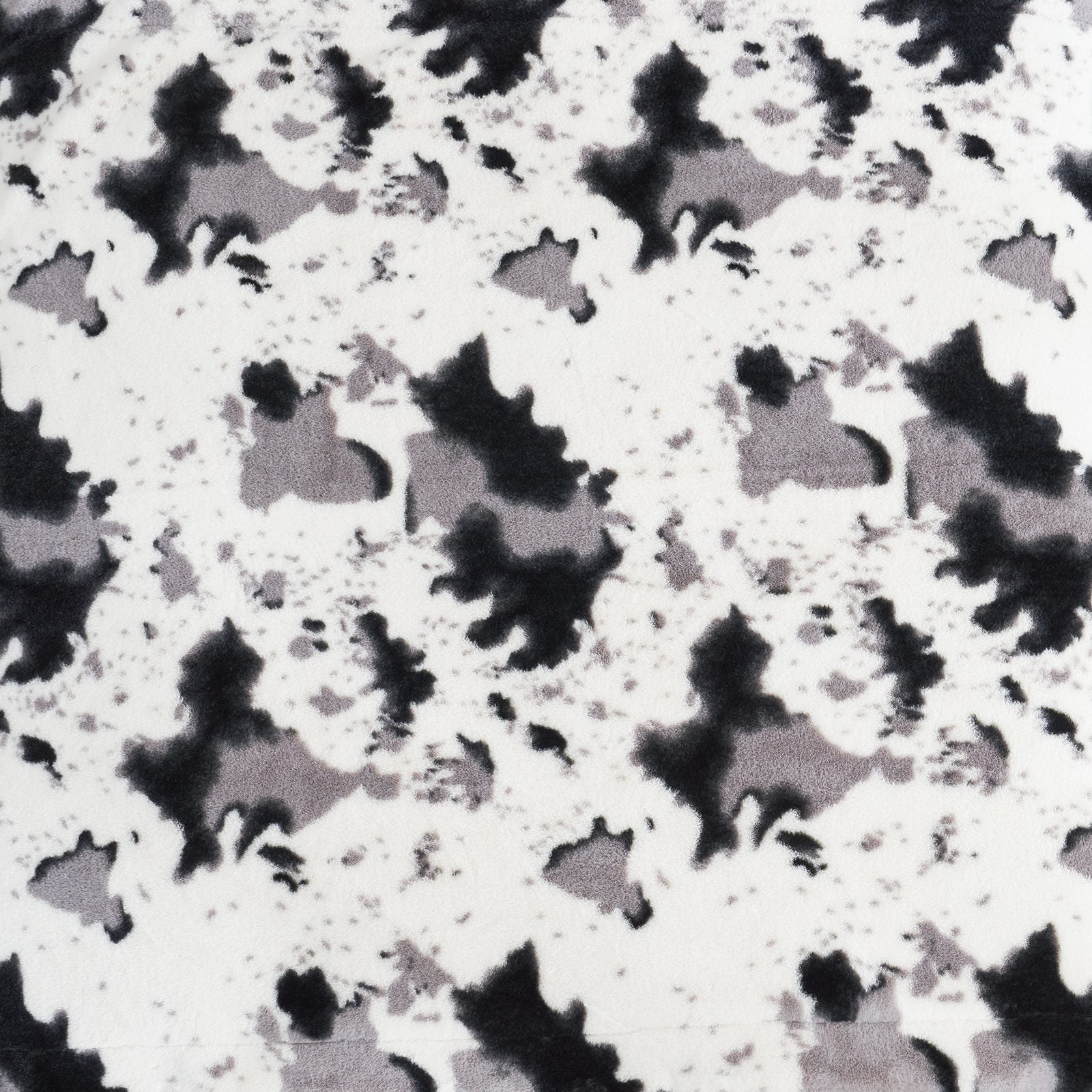 Cow print faux fur blanket, cozy blanket with black, gray and white pattern. #color_Black/Grey