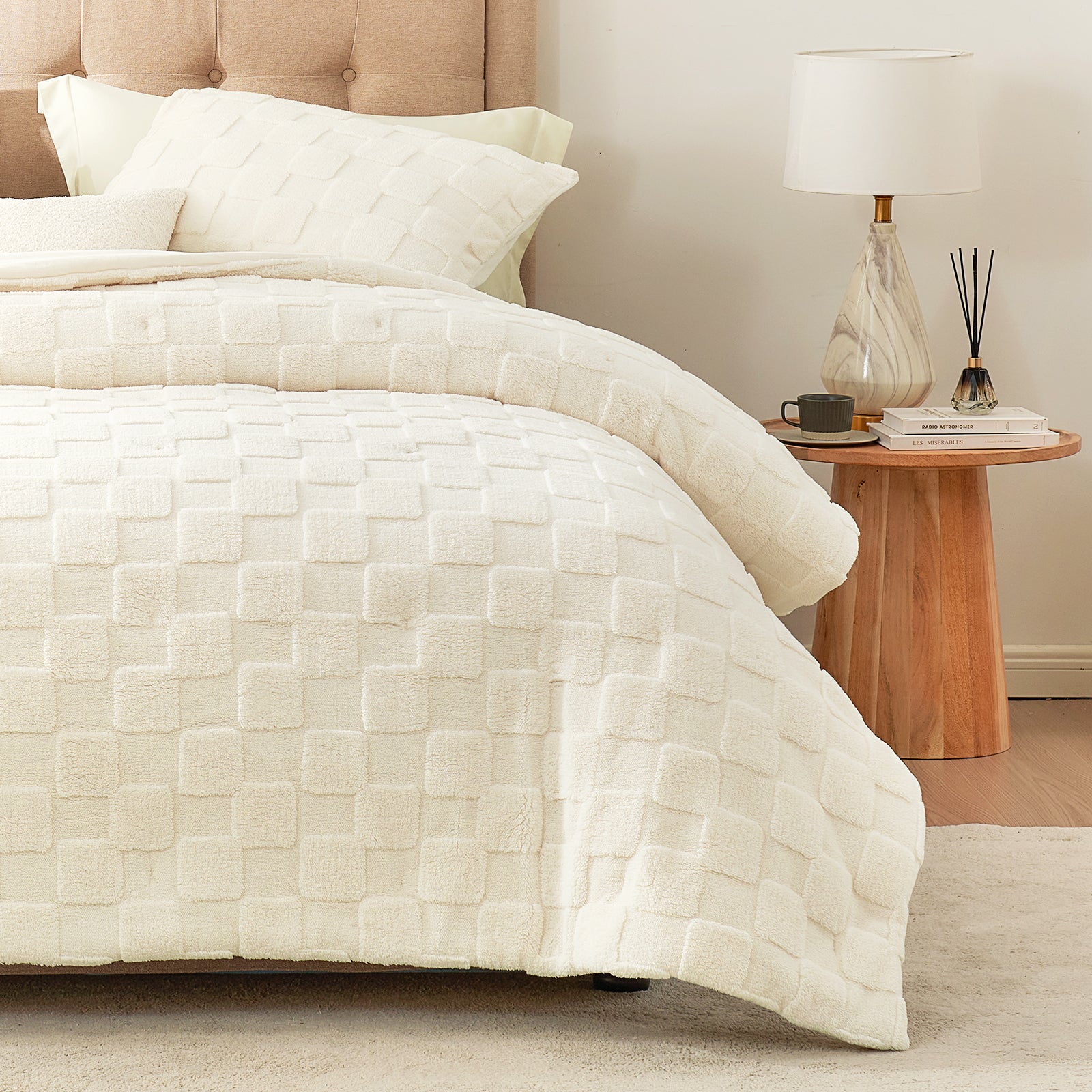 Cozy Bliss fluffy checkered sherpa comforter on bed