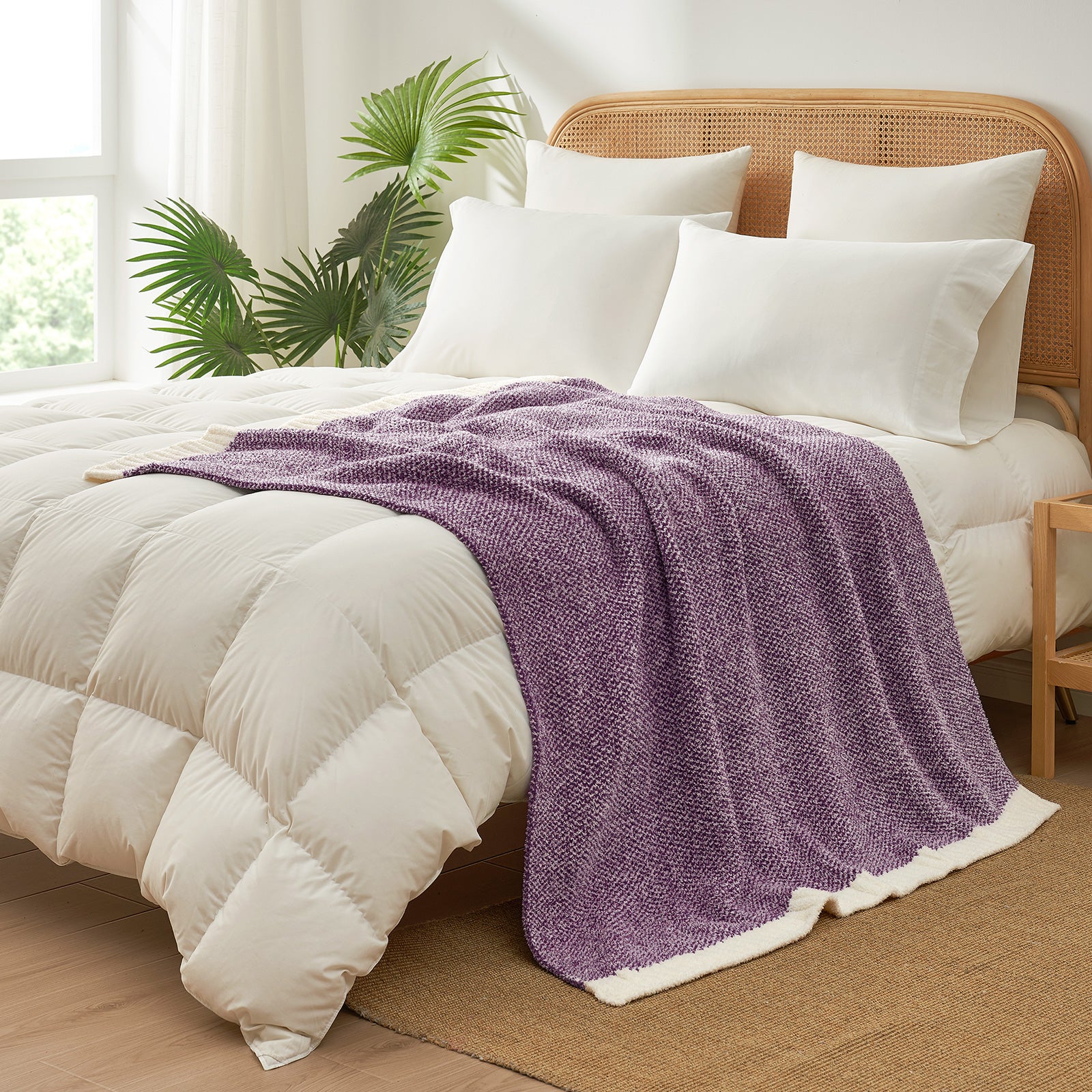 Heather Feather Yarn Throw Blanket in Lilac styled on a bed, enhancing bedroom decor with a soft, elegant and cozy layered look. #Color_Lilac