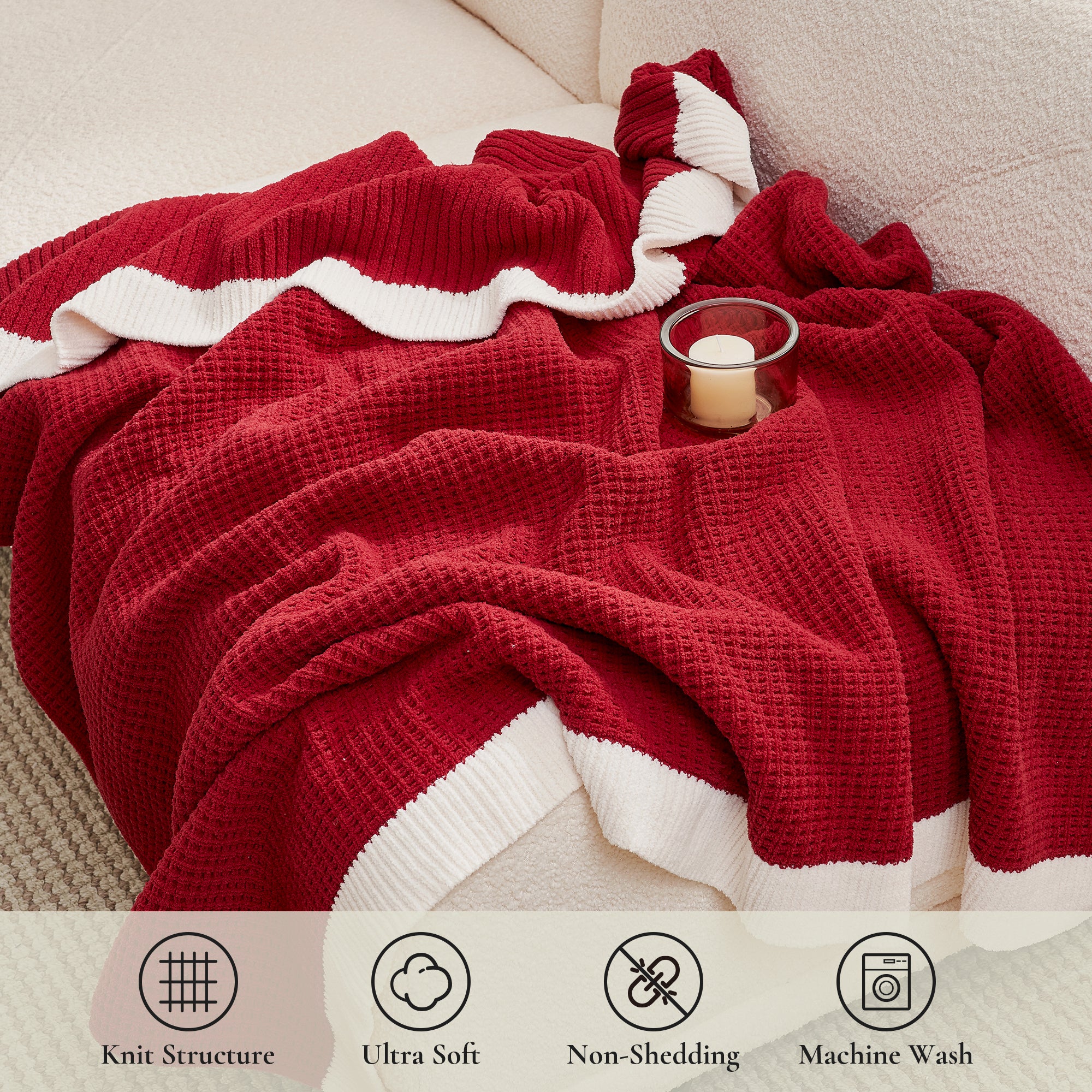 Red and white textured blanket draped over a surface with product features displayed below. #color_Red