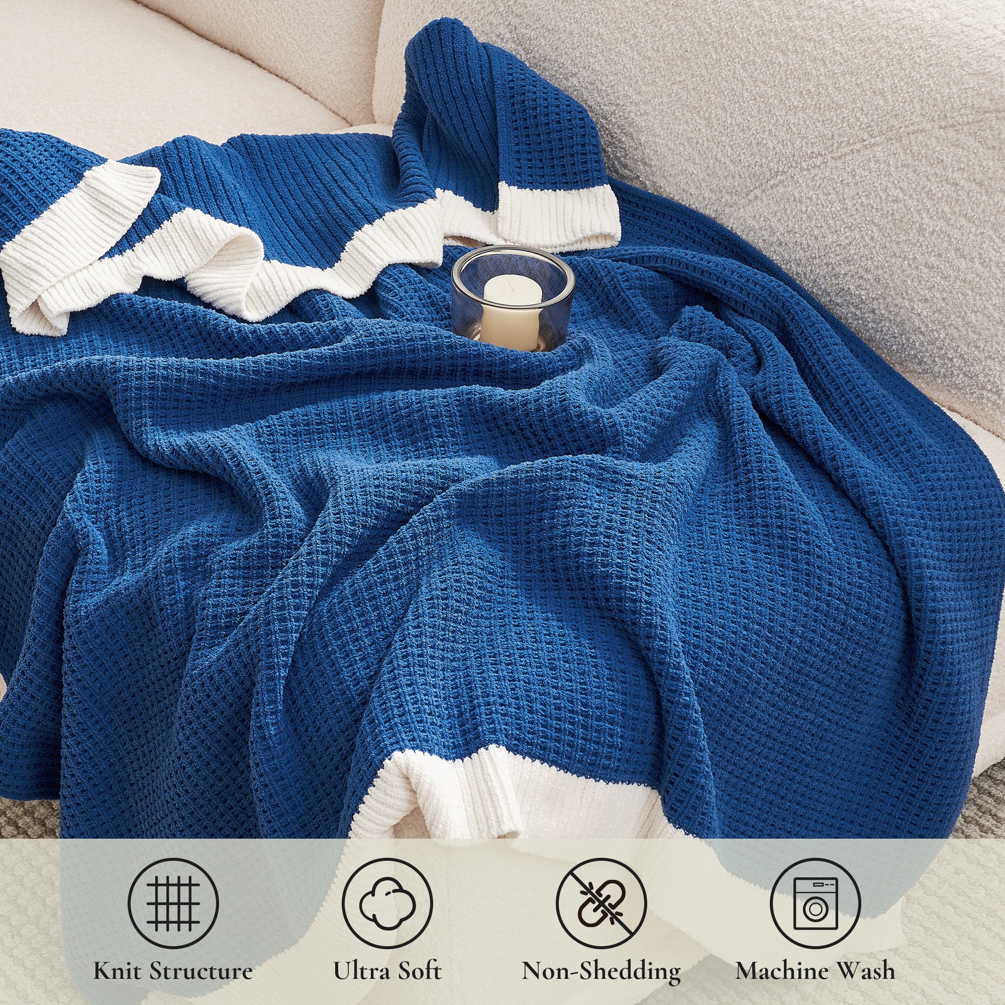 Close-up of Chenille Waffle Knit Throw Blanket in Dark Blue highlighting plush chenille knit. #color_Dark Blue