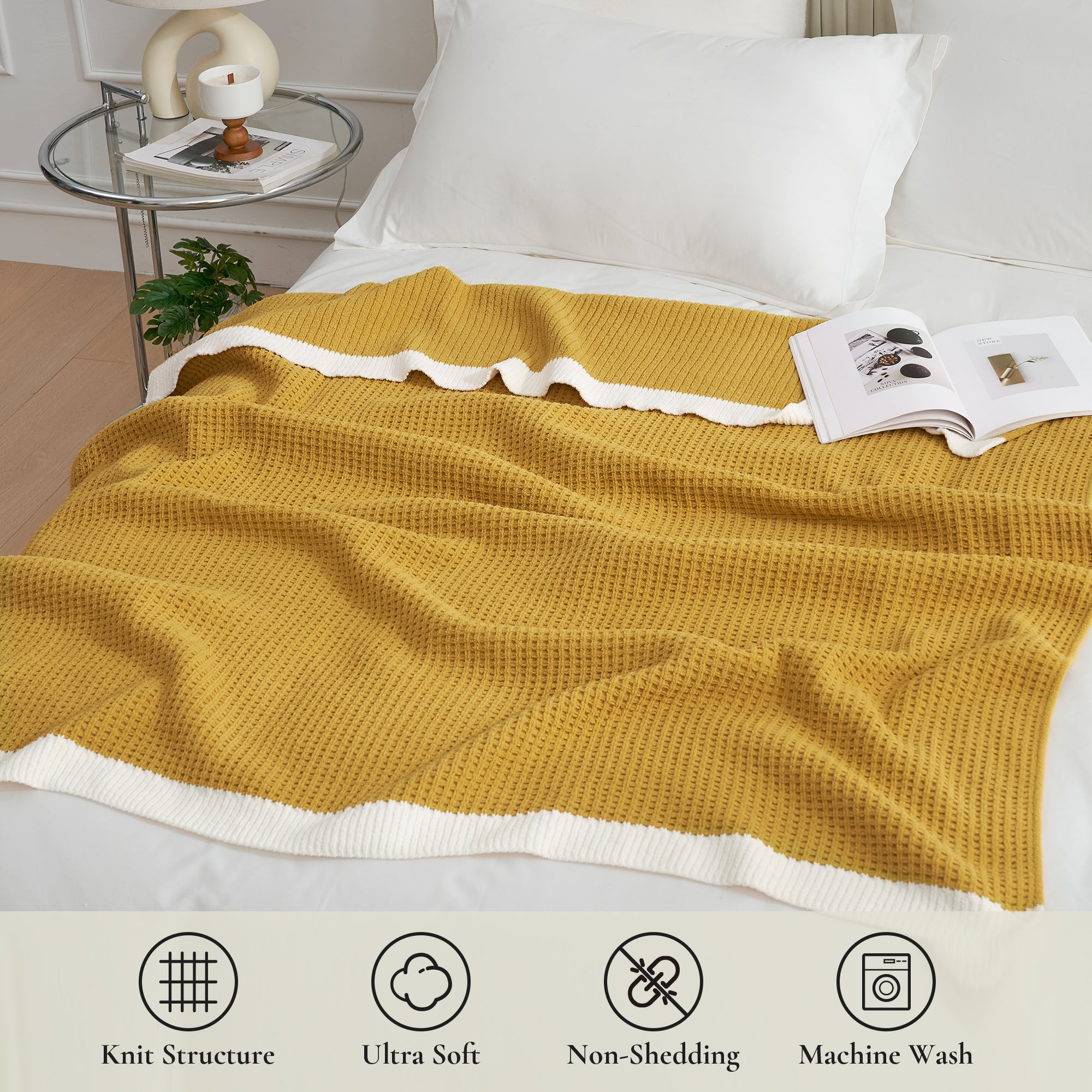 Chenille Waffle Knit Throw Blanket in Yellow styled on a bed, showcasing soft drape. #color_Yellow