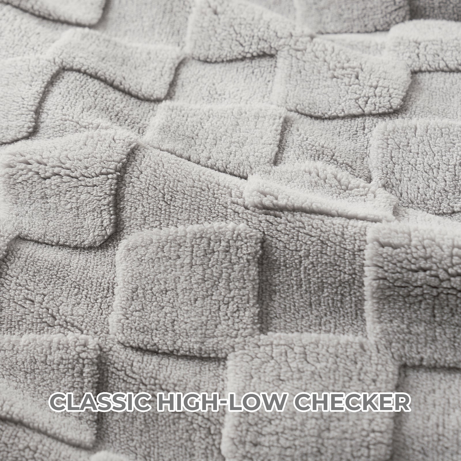 Cozy Bliss gray checkered sherpa comforter, classic high-low design