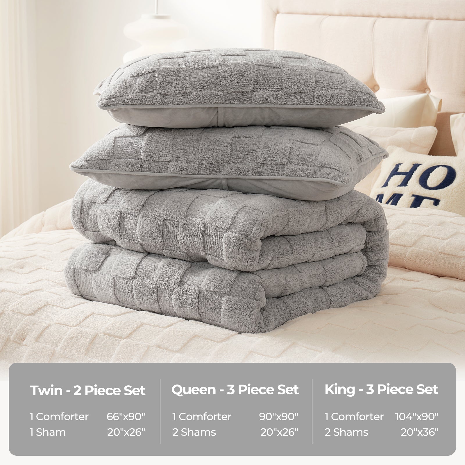 Cozy Bliss gray sherpa comforter set size guide