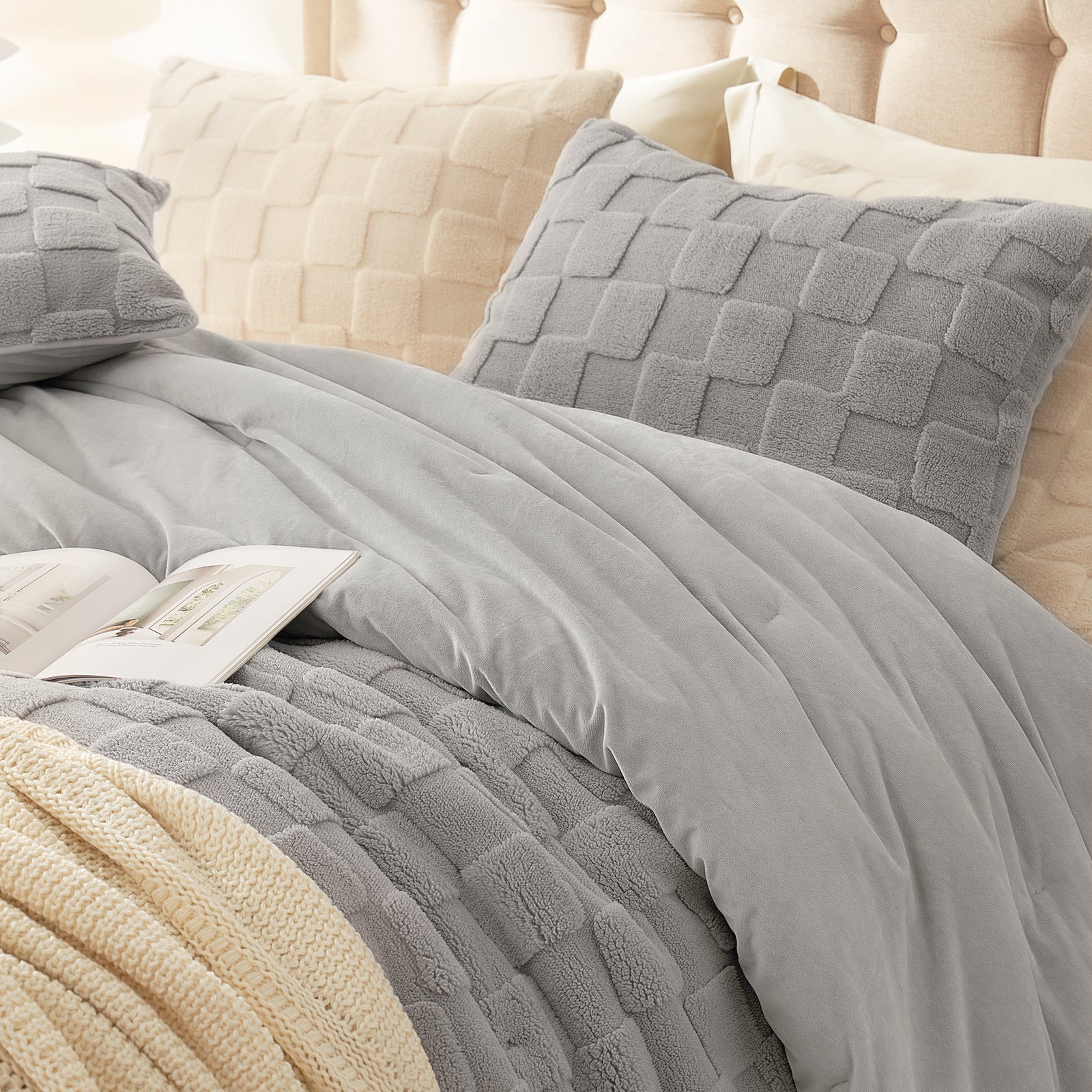 Cozy Bliss gray sherpa comforter set with book