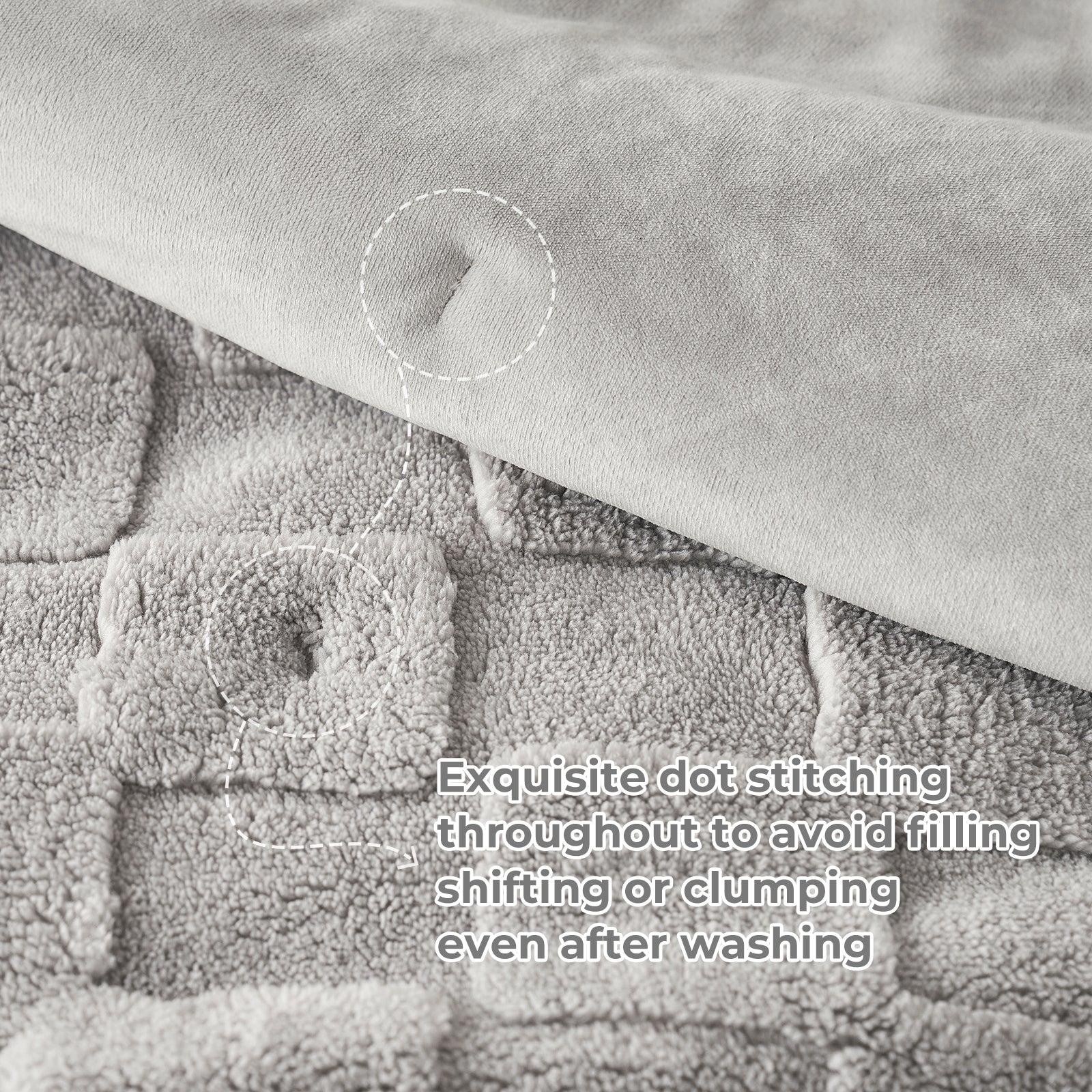 Cozy Bliss comforter dot stitching detail to avoid clumping