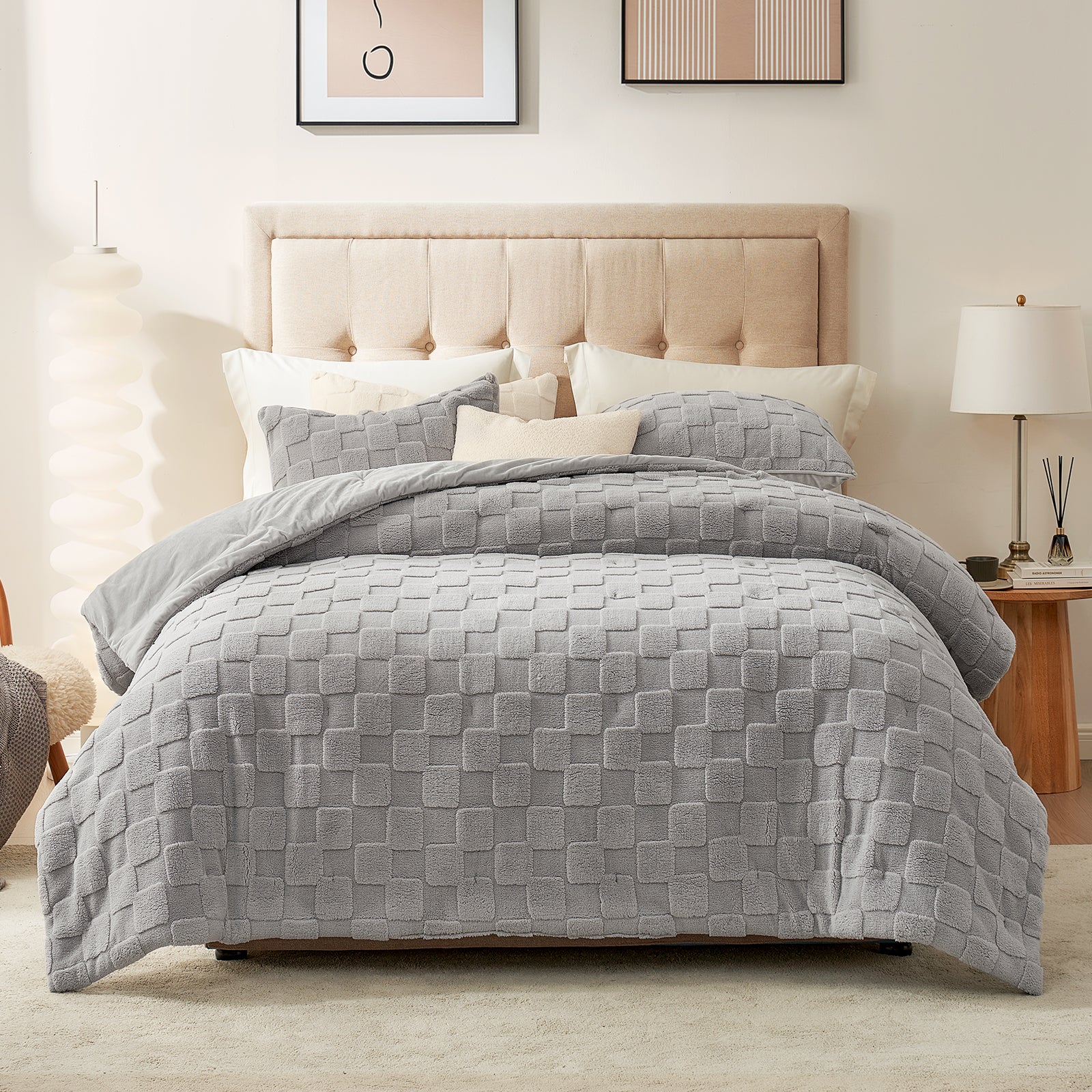 Cozy Bliss gray checkered sherpa comforter set on bed