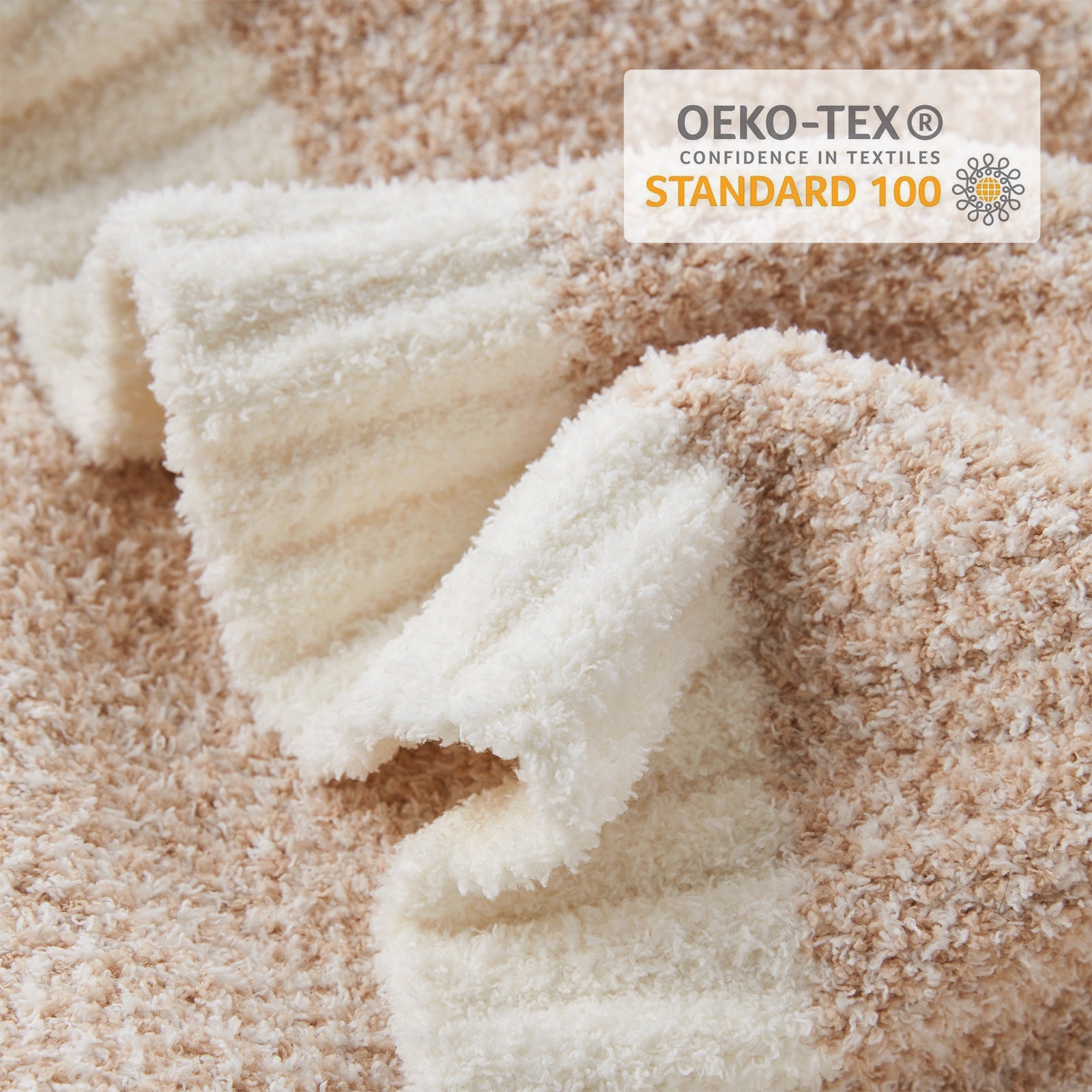 Close-up of Heather Feather Yarn Throw Blanket in beige showcasing plush feather yarn texture and OEKO-TEX STANDARD 100 certification. #Color_Beige