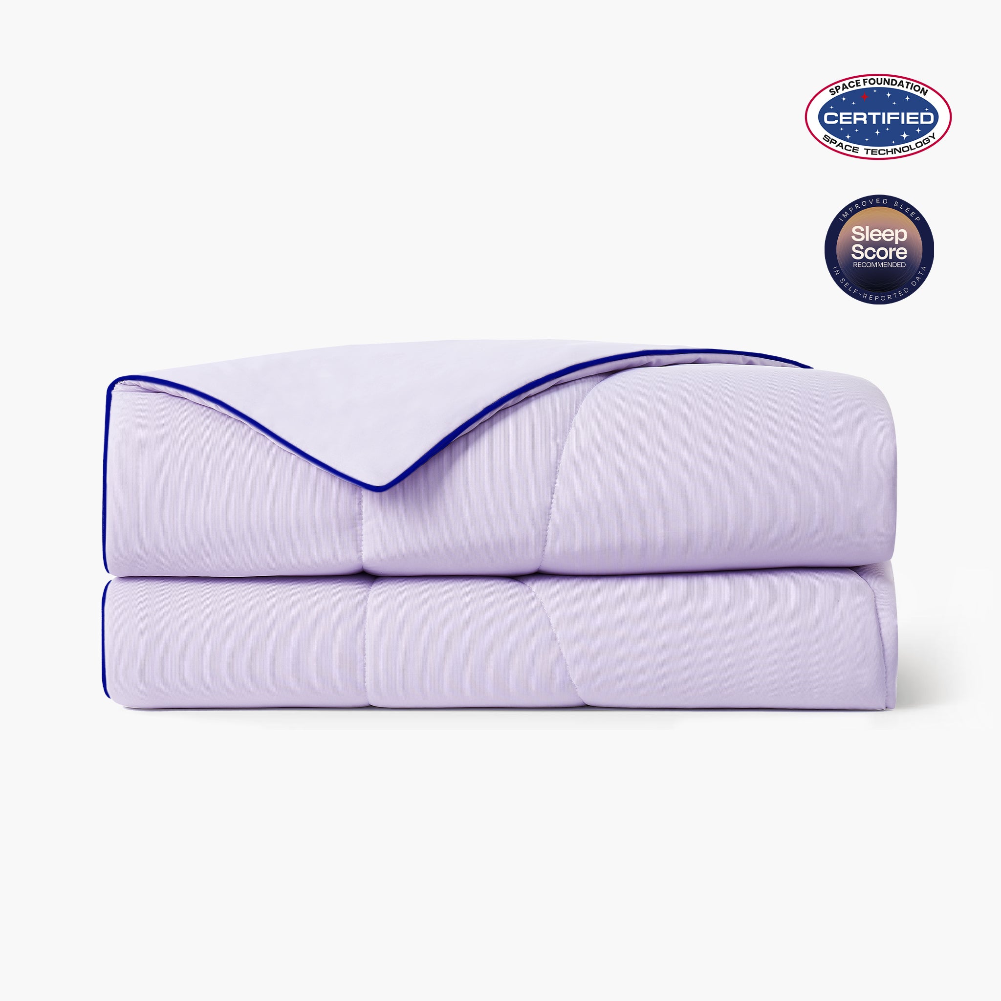 Folded purple cooling comforter with Space Foundation and Sleep Score certification logo on a white background#color_Purple