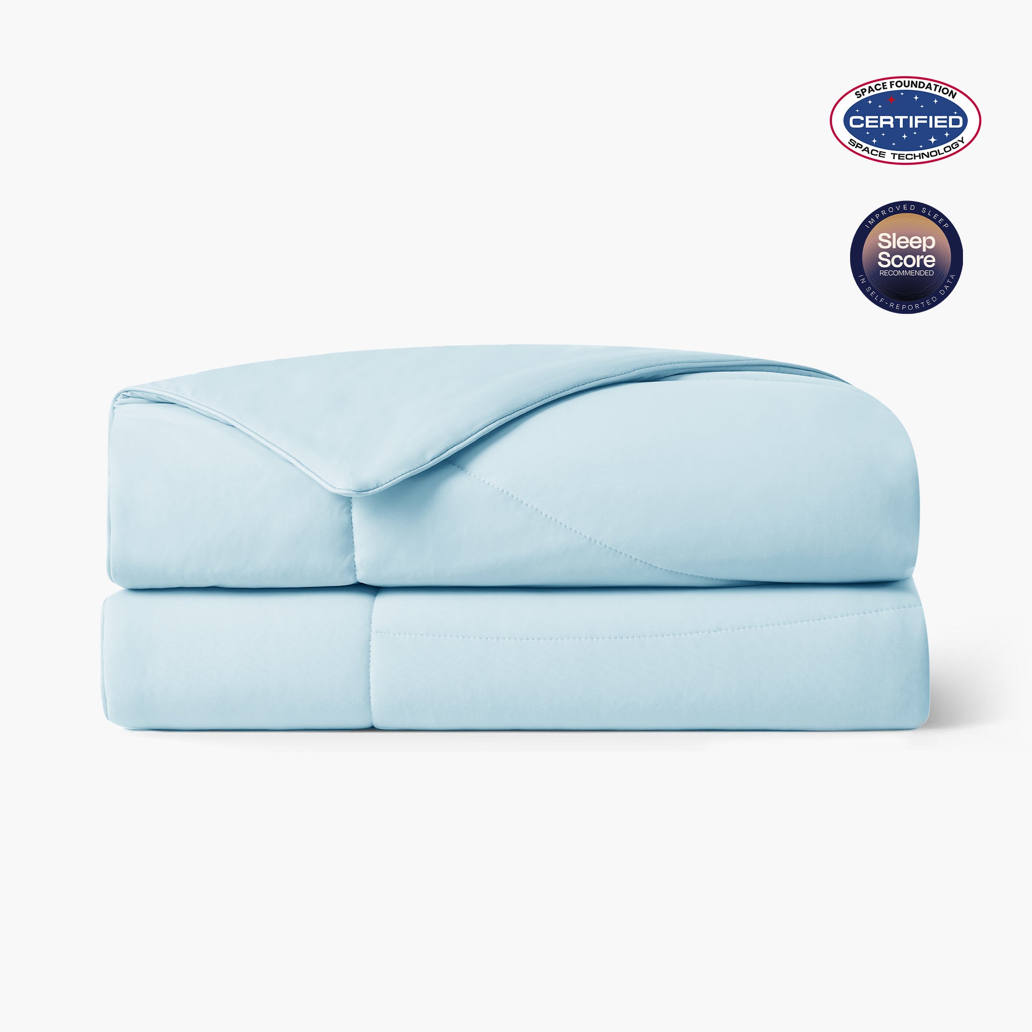 Folded blue cooling comforter with Space Foundation and Sleep Score certification logo on a white background#color_Sky Blue