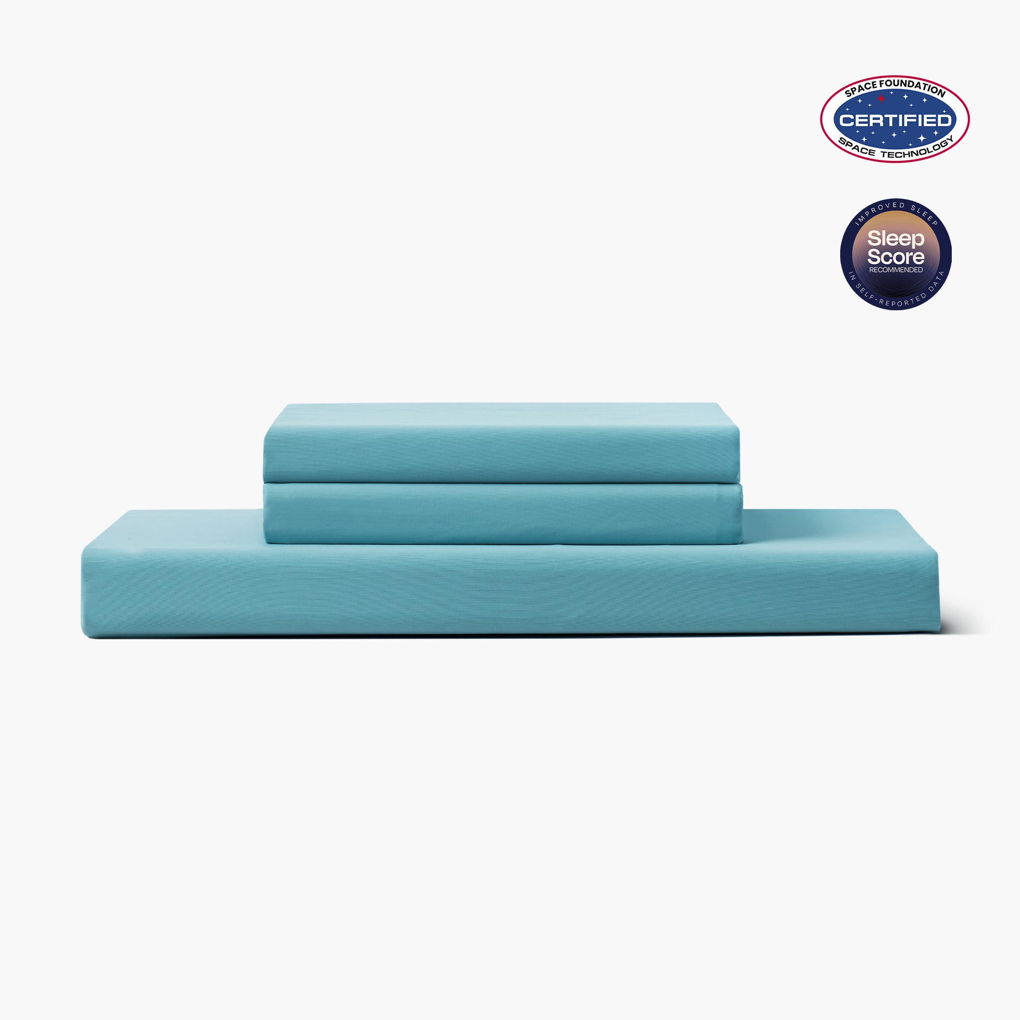 Blue bed sheets set with Space Foundation and Sleep Score certification logo on a white background#color_Dream Blue