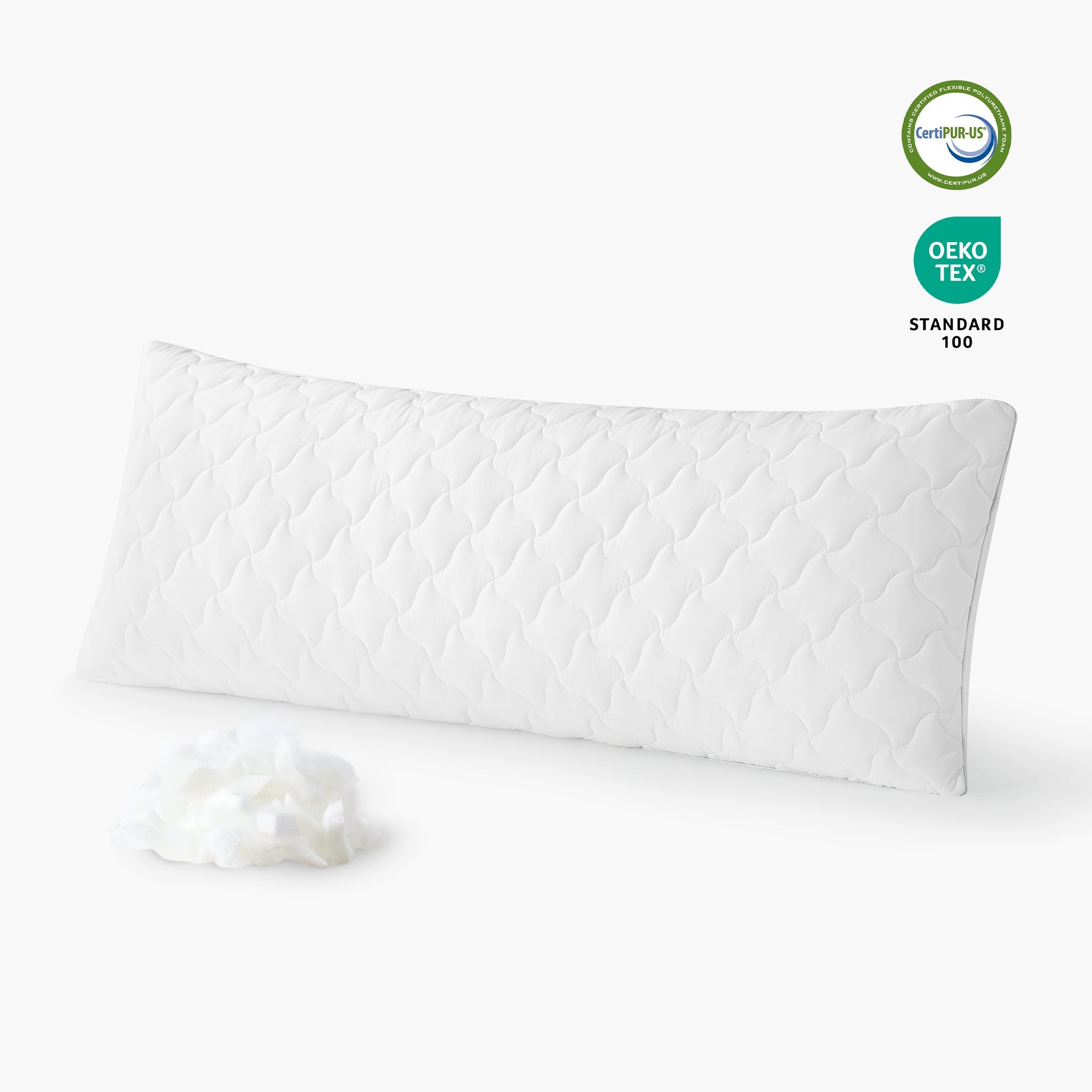 Adjustable cooling body pillow front view with fiber display and certifications. #color_White