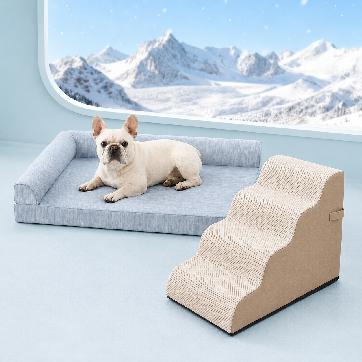 Pet Cooling Bundle: L-Shaped Dog Bed & Curved Pet Stairs