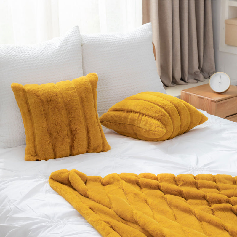 Set of 2 Luxury Faux Fur Striped Throw Pillow Covers - Ginger Yellow