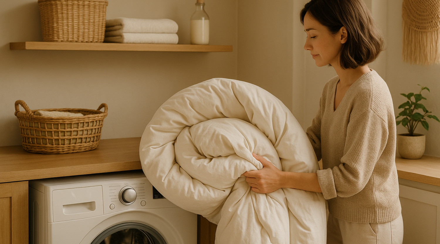A woman puts a large, off-white comforter into a washing machine.