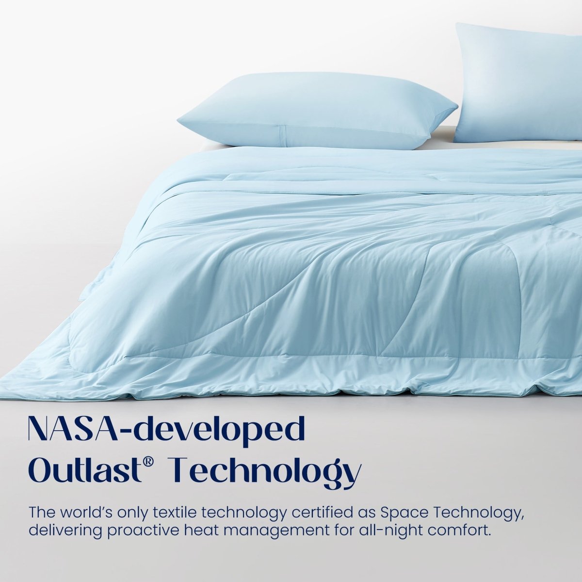 Sky blue comforter on a bed with NASA-developed Outlast Technology text.#color_Sky Blue
