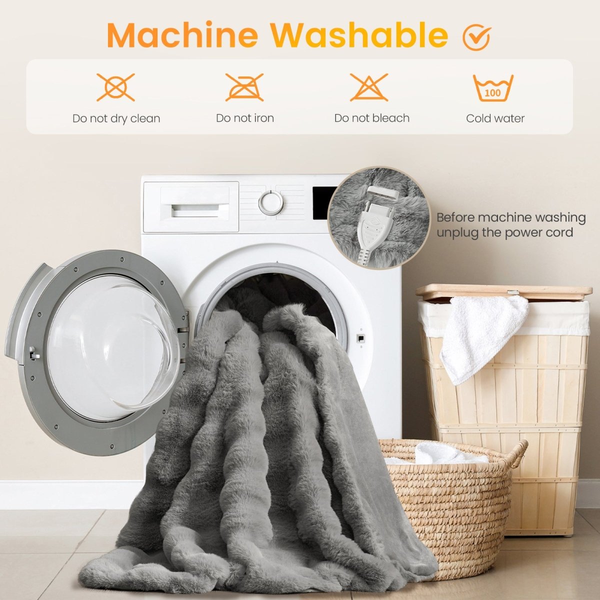 Cozy bliss bubble faux fur heated electric blanket is machine washable.  #color_Light Grey
