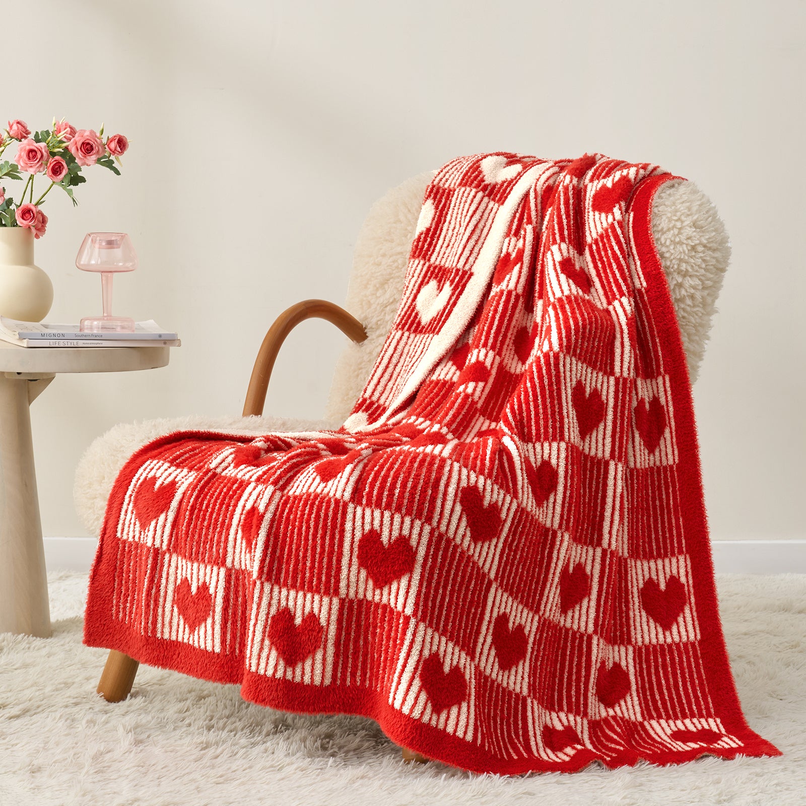 Valentine Reversible Heart Feather Yarn Throw Blanket