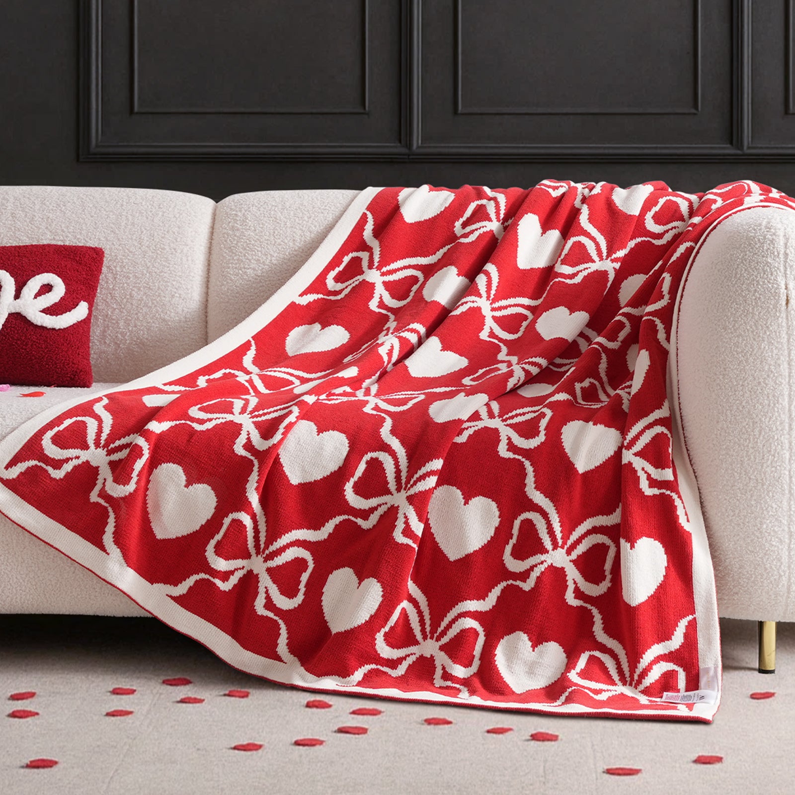 Valentine Heart Bow Jacquard Knit Chenille Throw Blanket