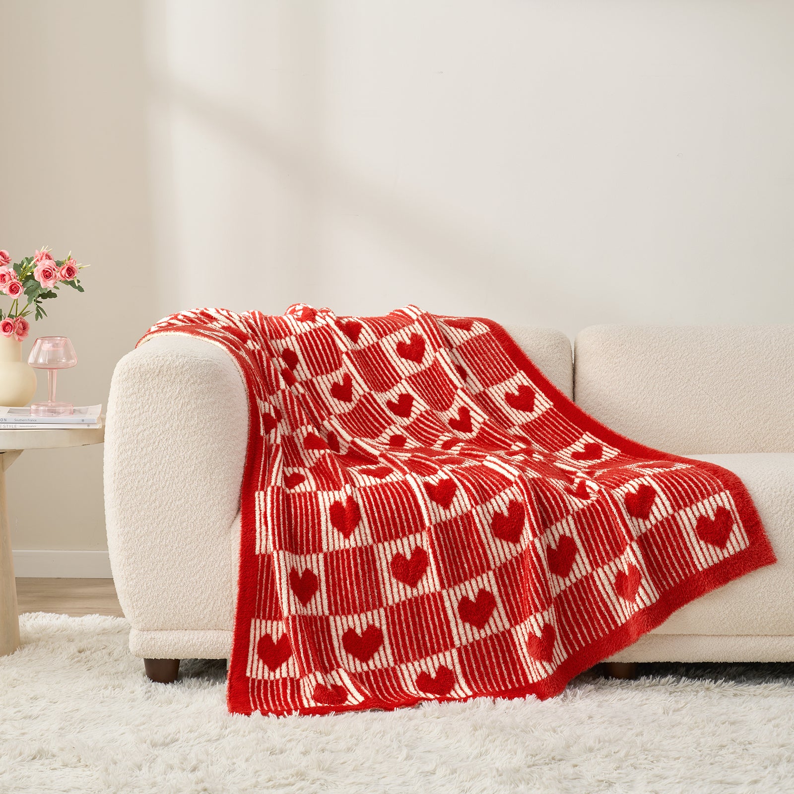 Valentine Reversible Heart Feather Yarn Throw Blanket