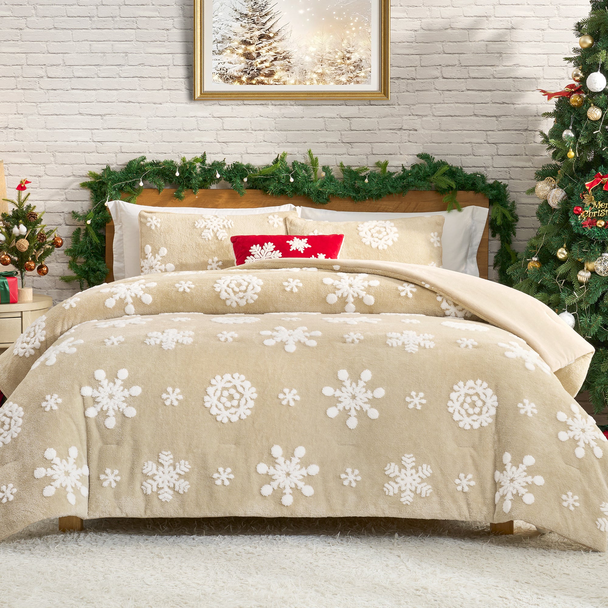 Beige bedding set with snowflake pattern in a festive bedroom setting with Christmas decorations. #Color_Snowflake Beige