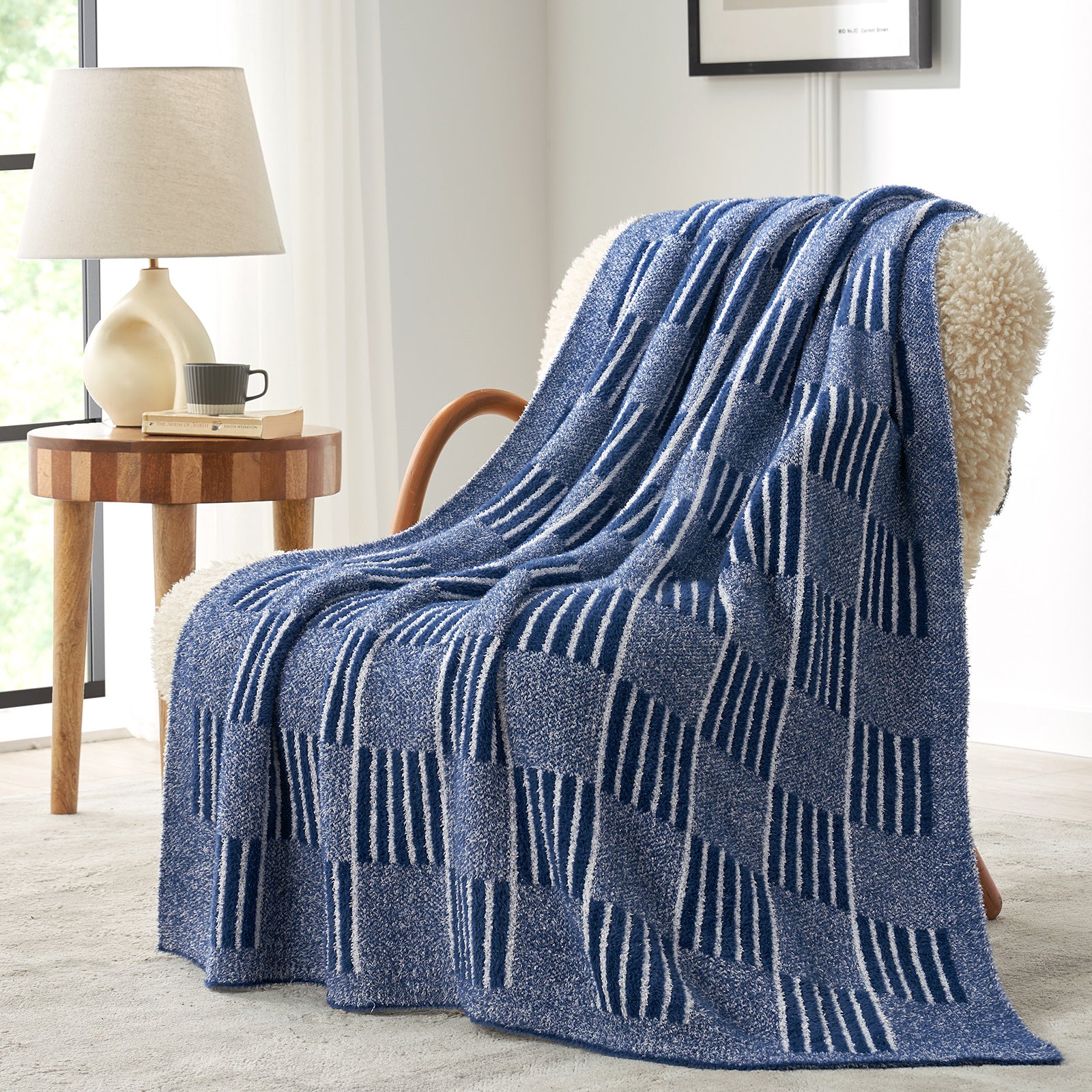 Reversible Heather Checkered Feather Yarn Throw Blanket