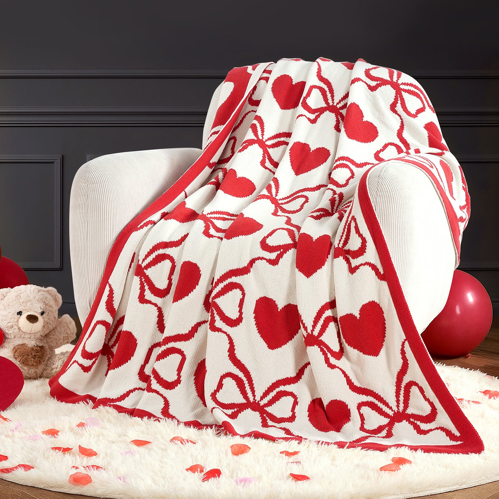 Valentine Heart Bow Jacquard Knit Chenille Throw Blanket