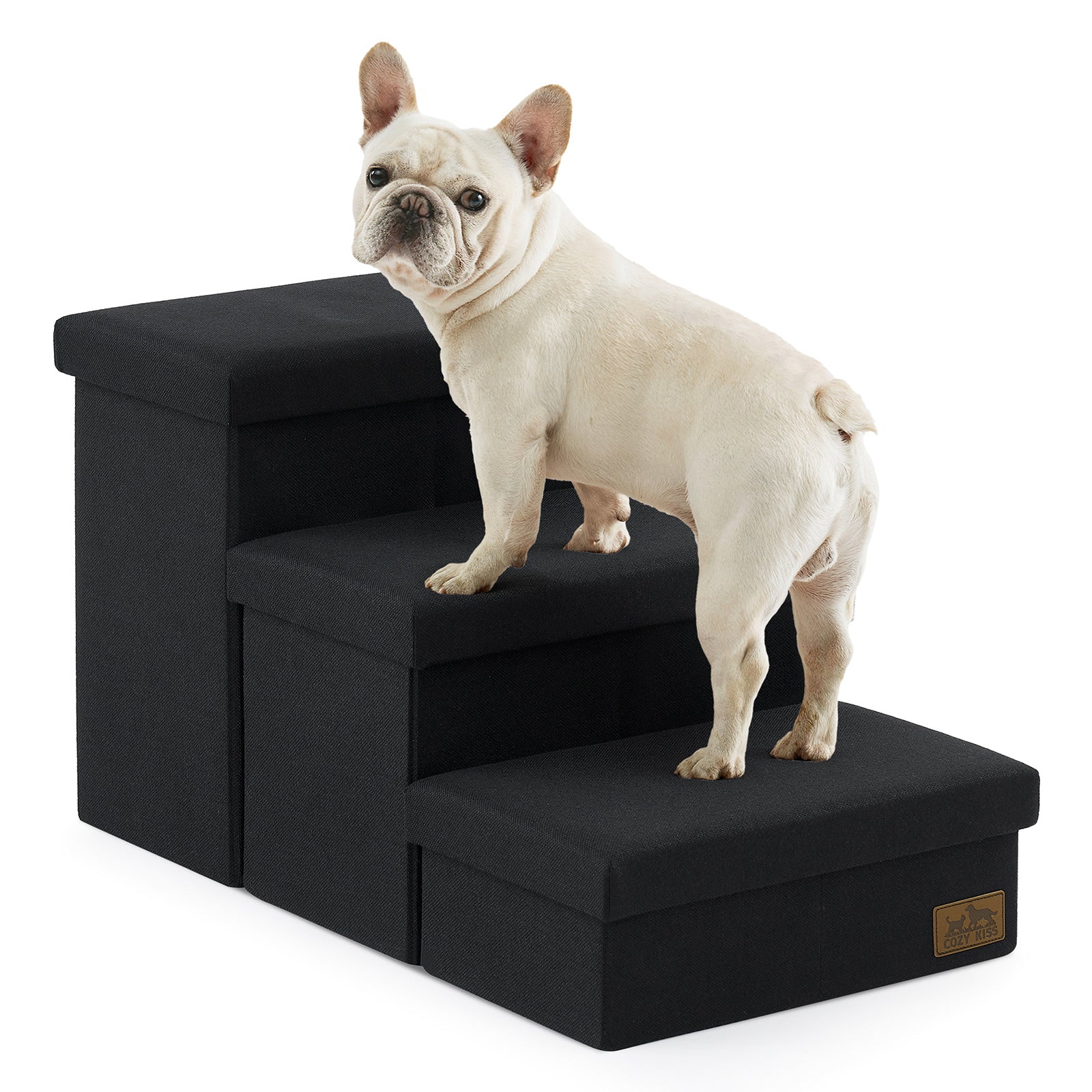 Cozy Bliss 3 Step Arthritis Prevention Storage Pet Stairs in black with a dog stepping on it. #color_Black