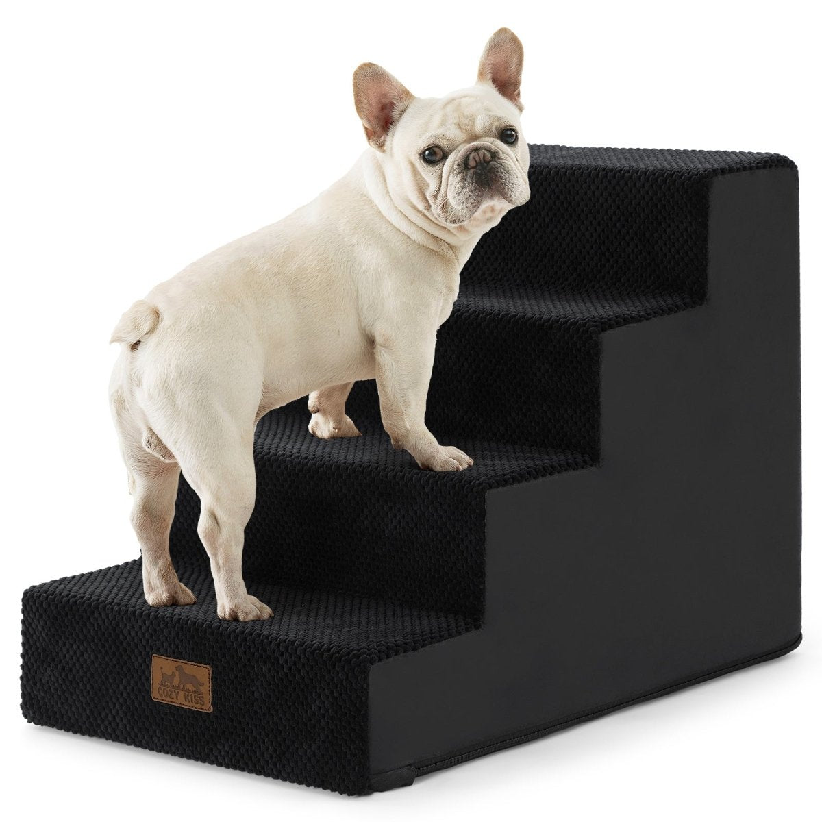 Cozy Bliss 4 Step Right-Angle Arthritis Prevention Foam Pet Stairs in black with a dog stepping on it. #color_Black