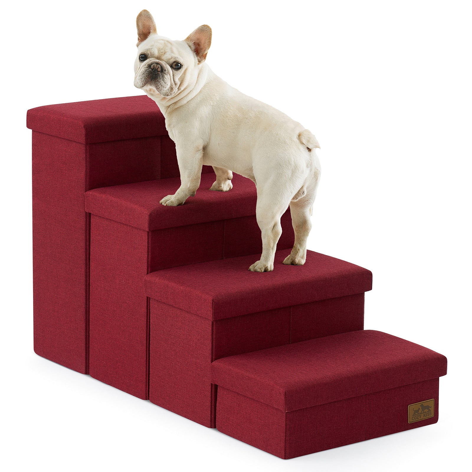 Cozy Bliss 4 Step Arthritis Prevention Storage Pet Stairs in red with a dog stepping on it. #color_Christmas Red