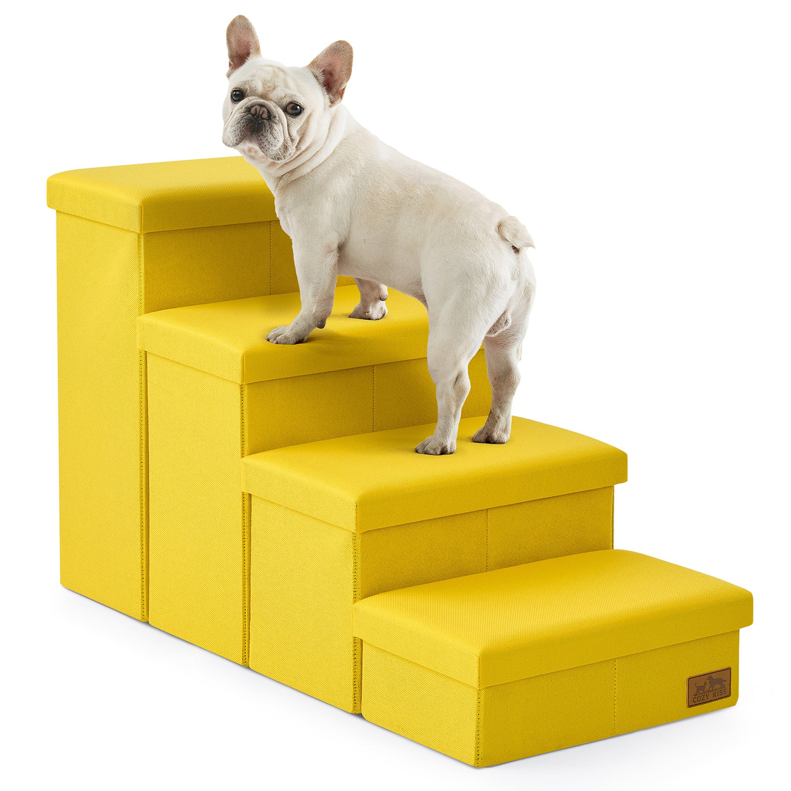 Cozy Bliss 4 Step Arthritis Prevention Storage Pet Stairs in yellow with a dog stepping on it. #color_Yellow